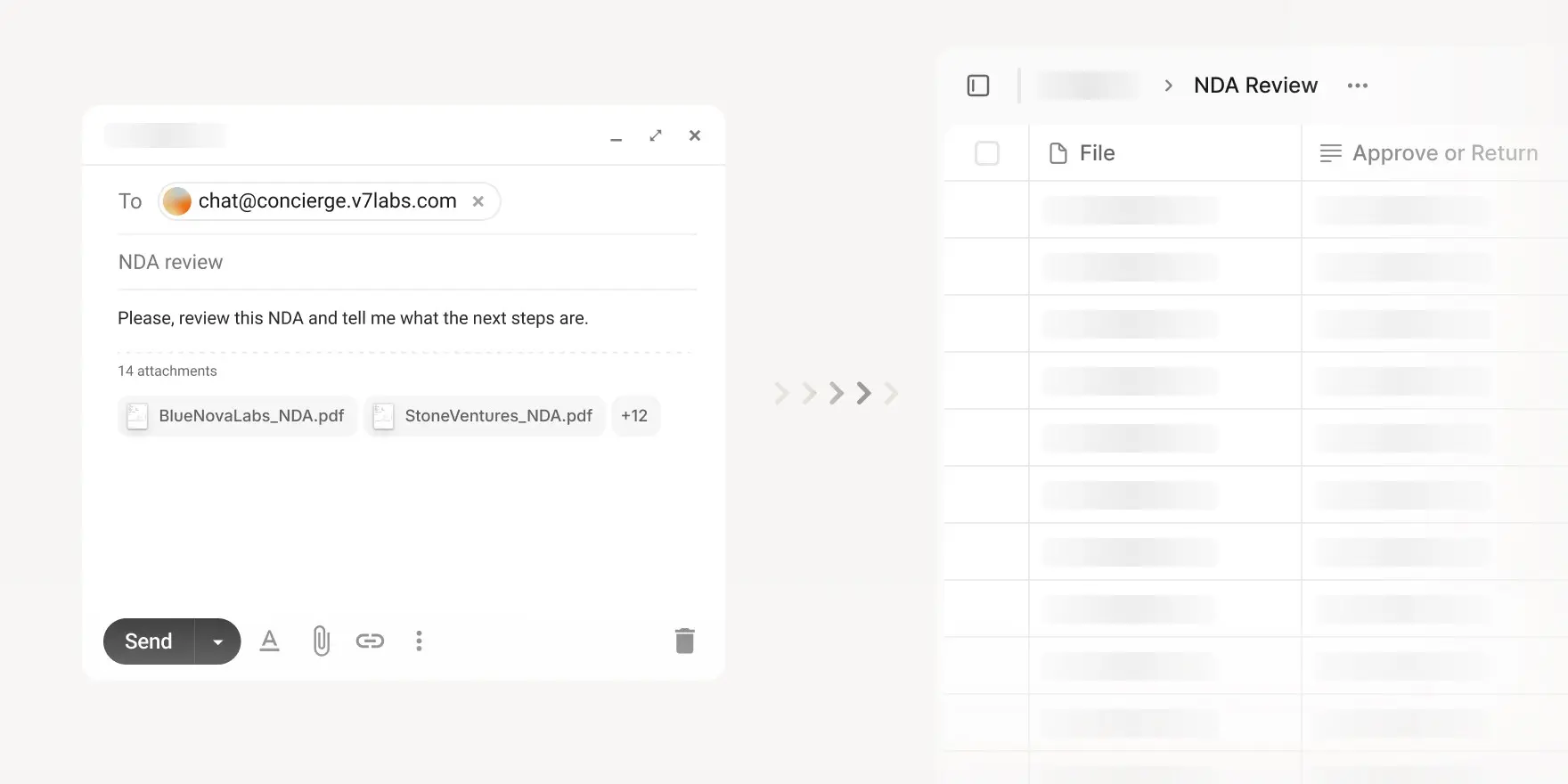 Email compose window with NDA review attachments