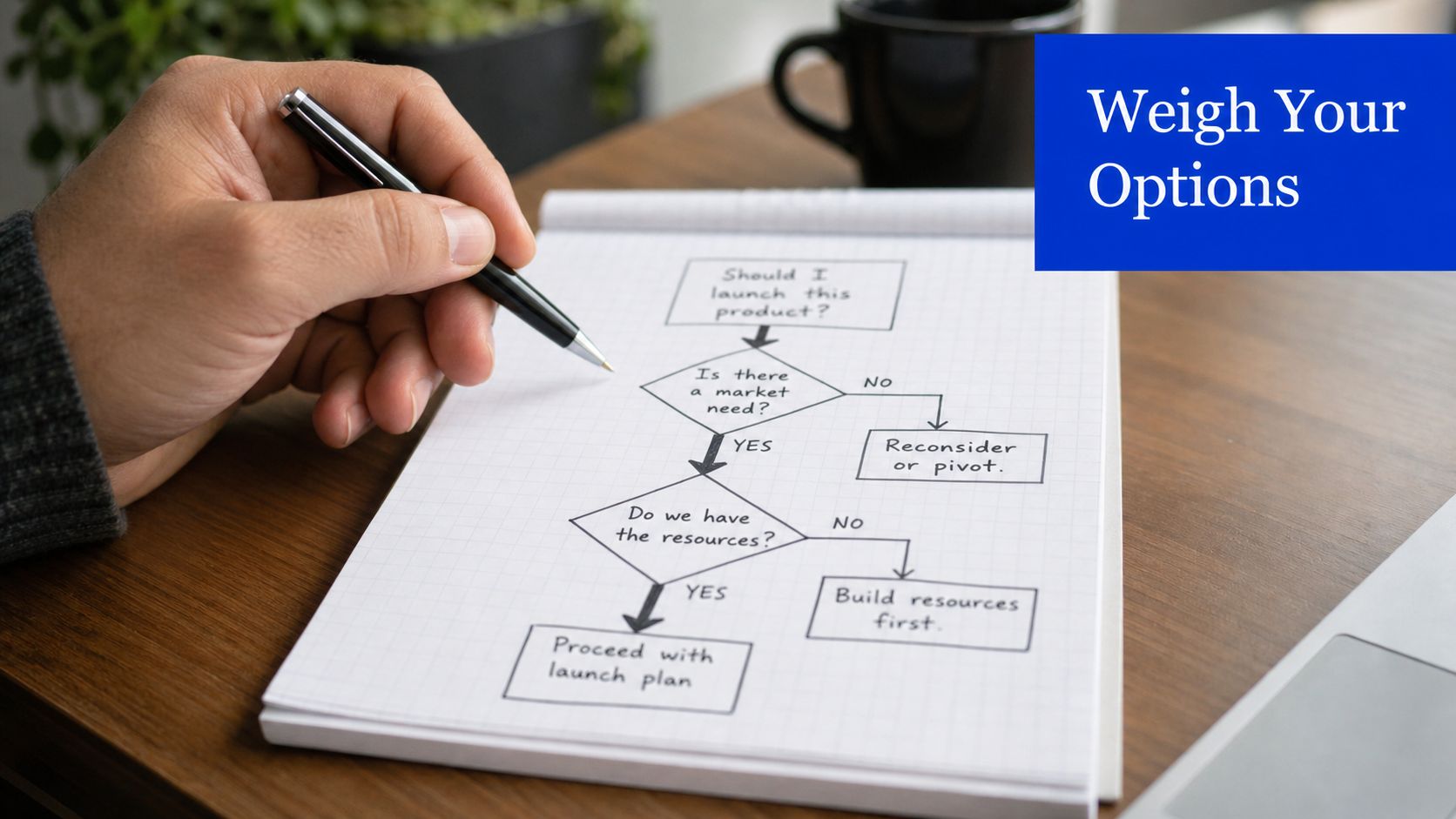 A person hand holding a pen while reviewing a product launch flowchart on a notepad.