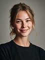 Smiling young woman with light brown hair tied back, wearing a black t-shirt against a neutral studio background.