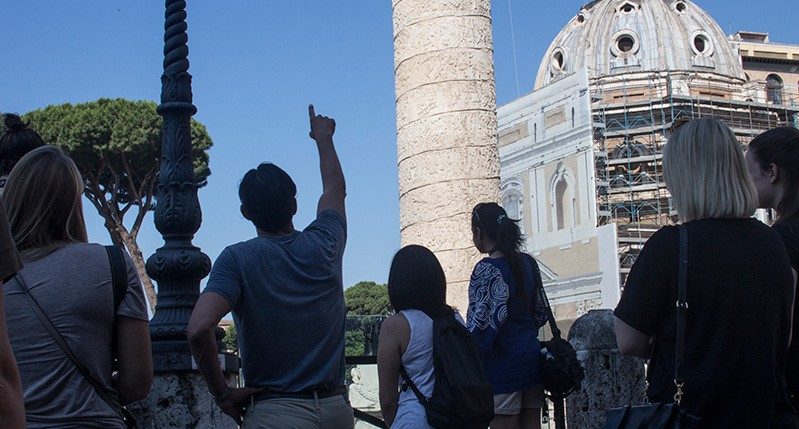 students looking at architecture buildings