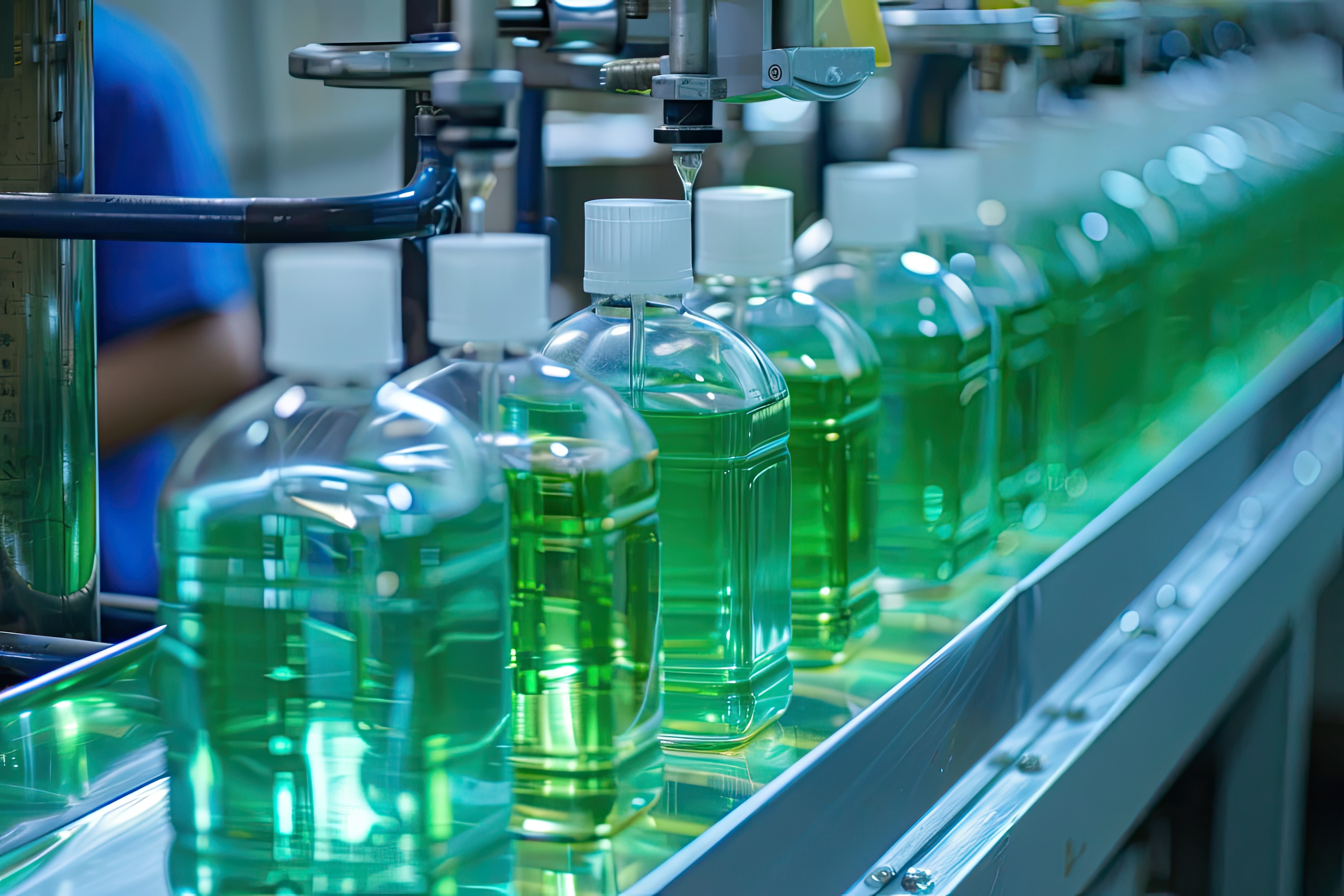 Production line for disinfecting liquid soap in a factory.