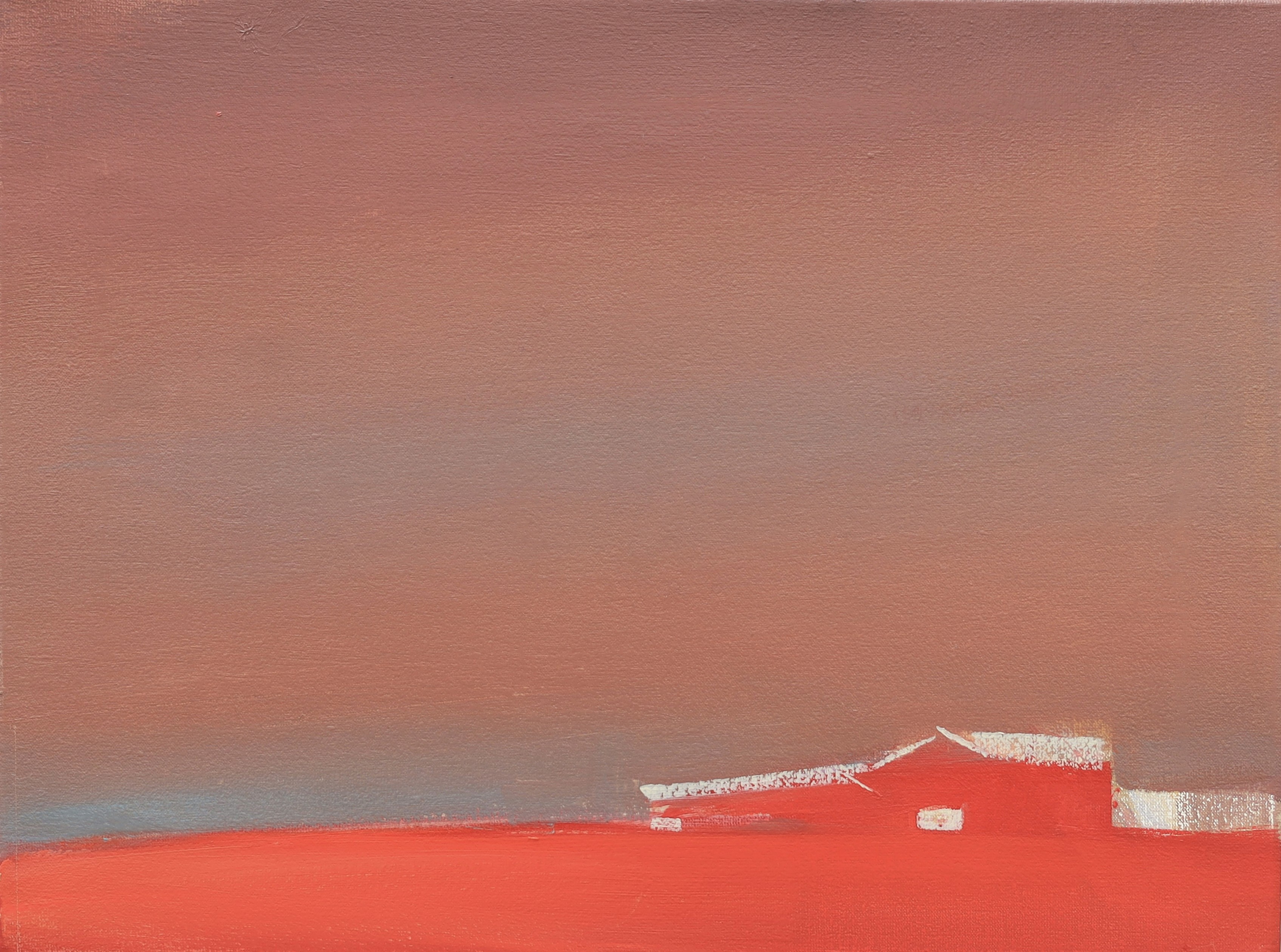 A minimalist landscape painting features a red-orange foreground with a small red building, set against a muted, expansive sky in shades of brown and gray.