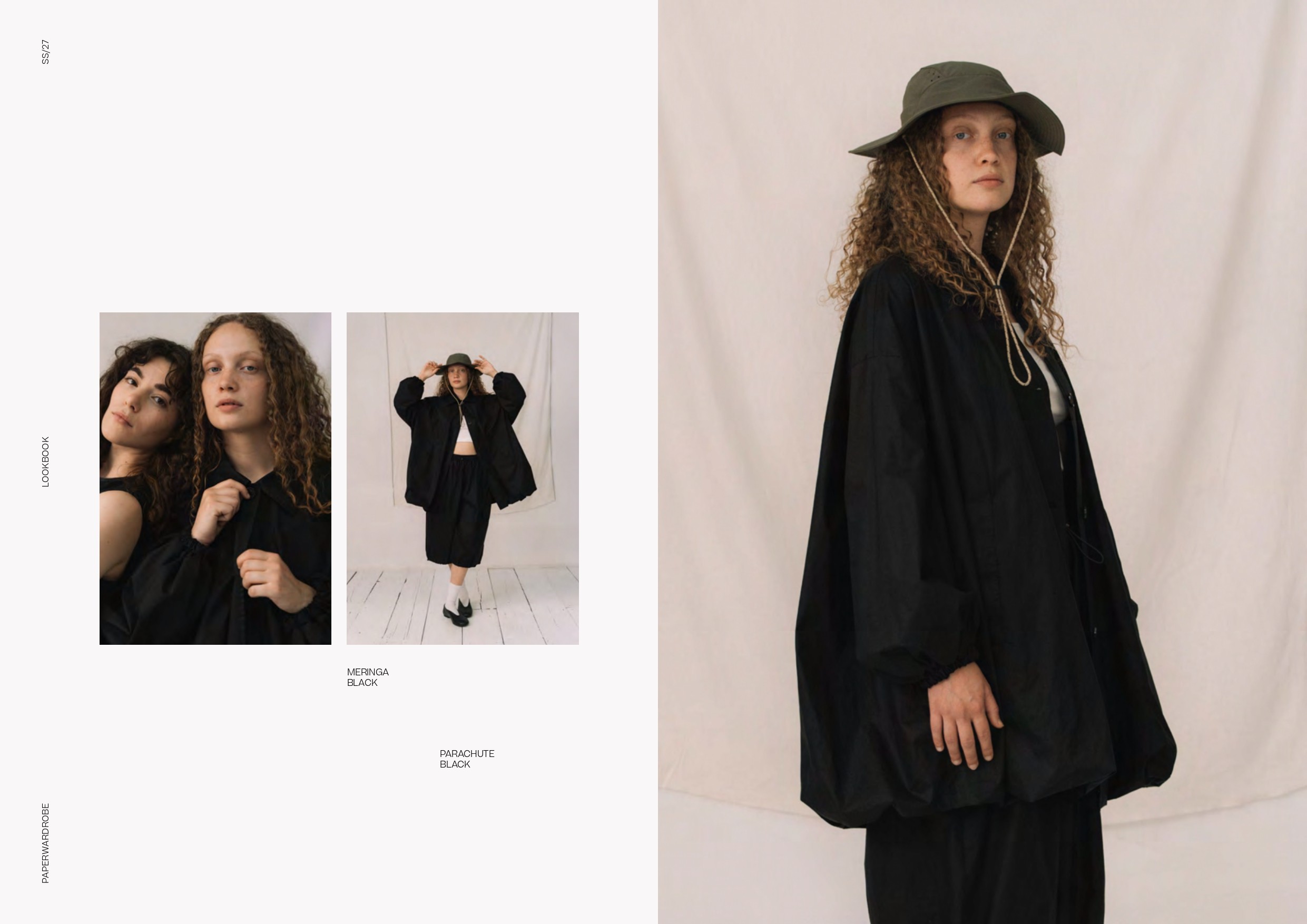 Différentes photos de mannequins portant des chemises et jupe noir, ample dans des matières qui semblent organiques
