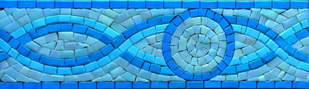 Wave and Spiral mosaic border, Turquoise, hand-cut — reference H-03, Mosaiclegs Art Studio
