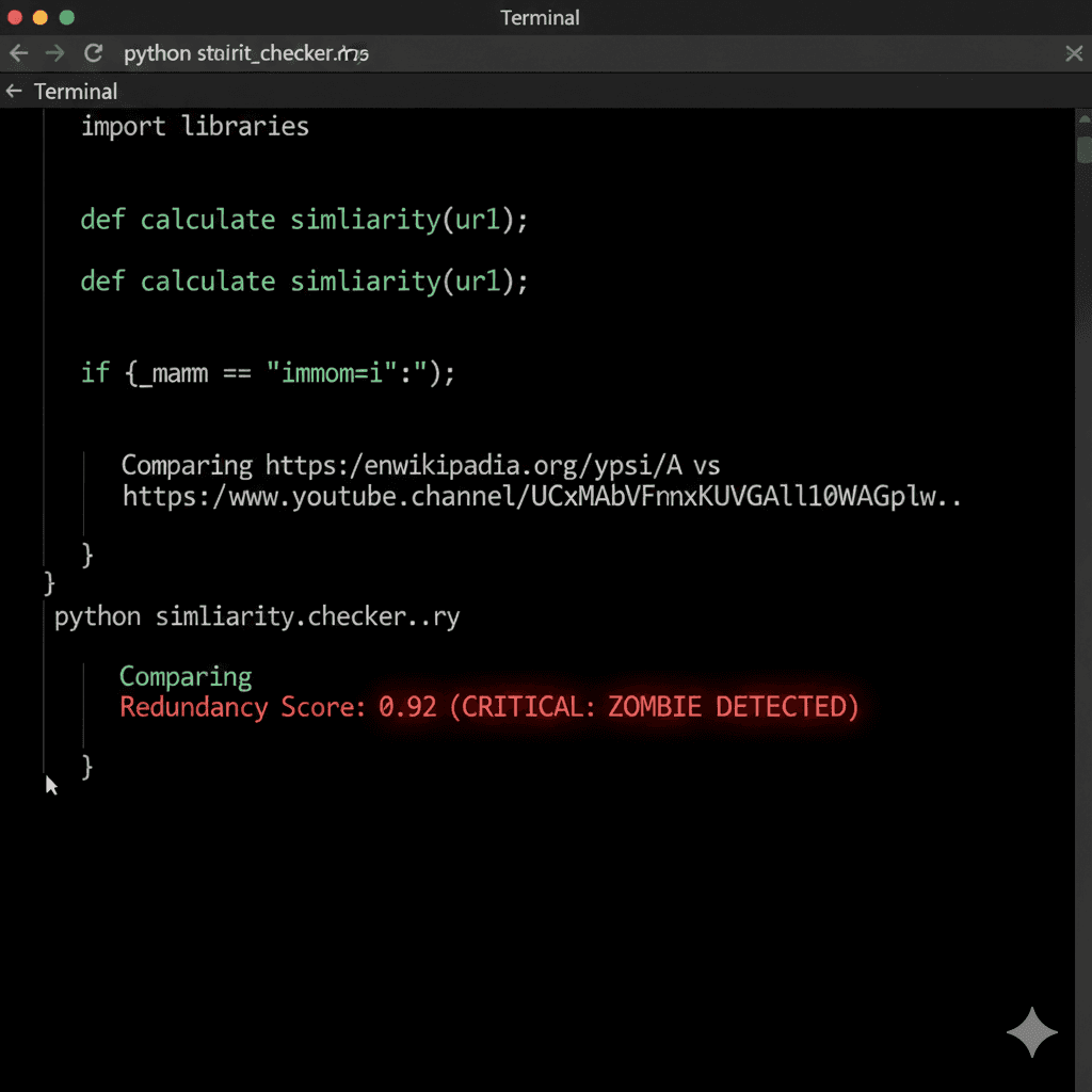 erminal screenshot demonstrating a Python script detecting a high redundancy score between two web pages.