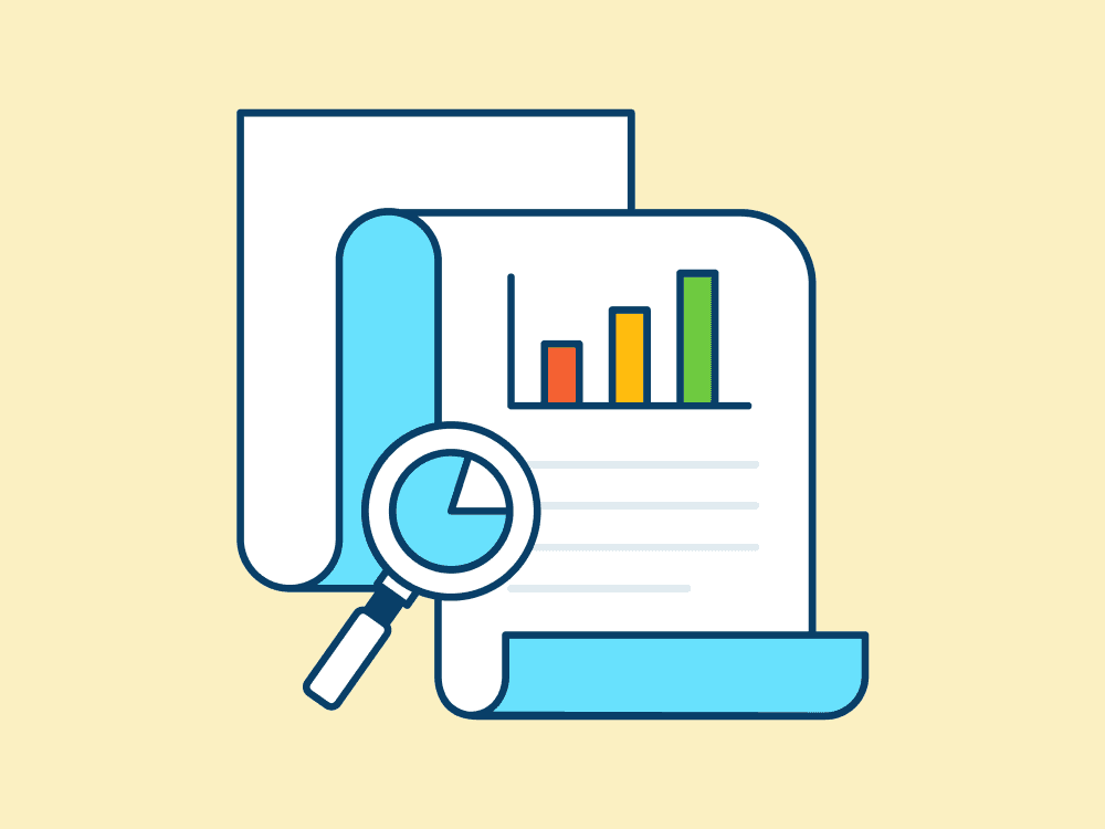 An illustration of a paper report being inspected by a magnifying glass.