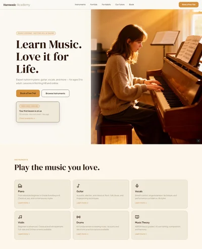 music school website prompt — warm white and mahogany music lessons website design preview
