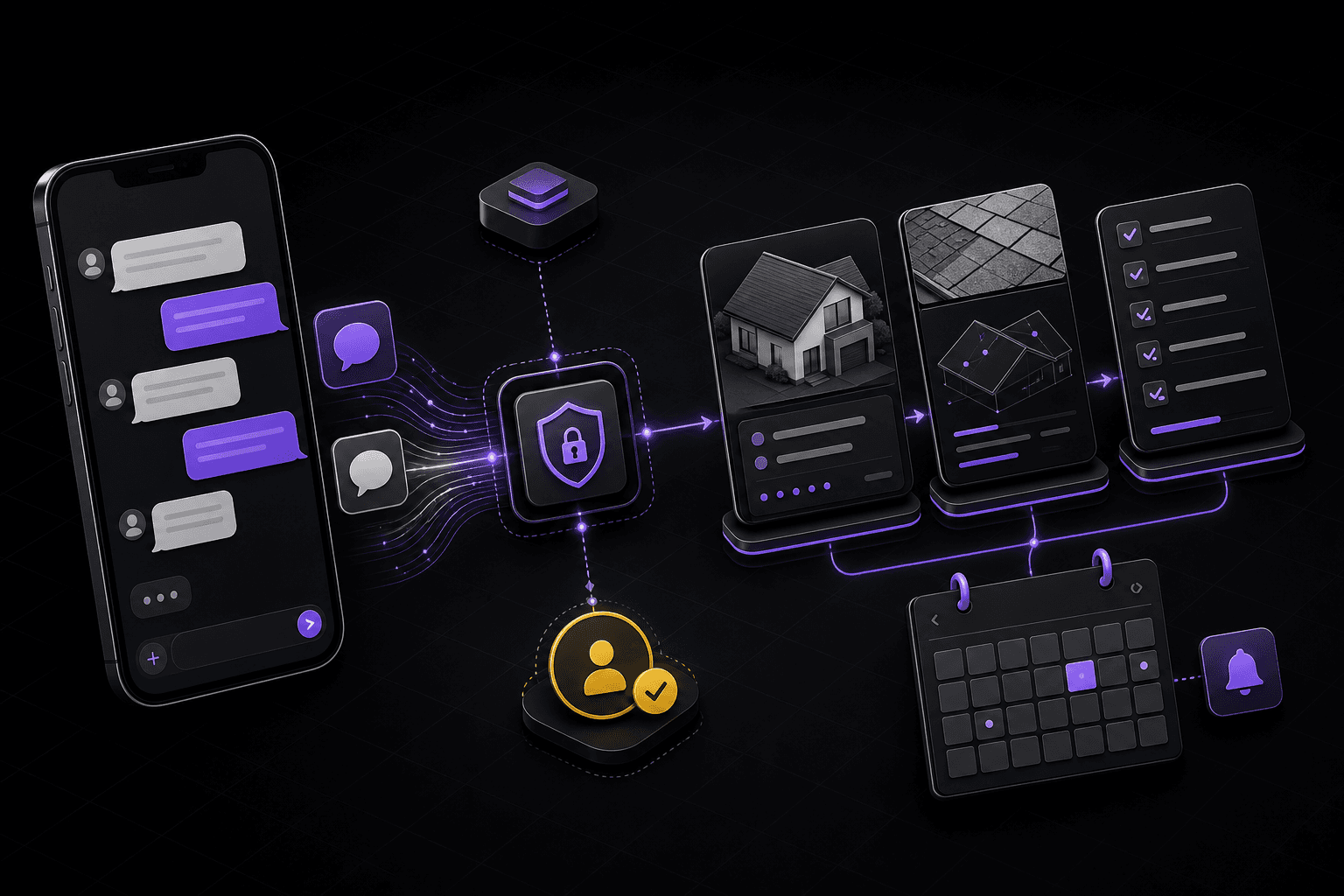 Smartphone chat commands orchestrating roofing CRM tasks, reports, scheduling, and follow-up