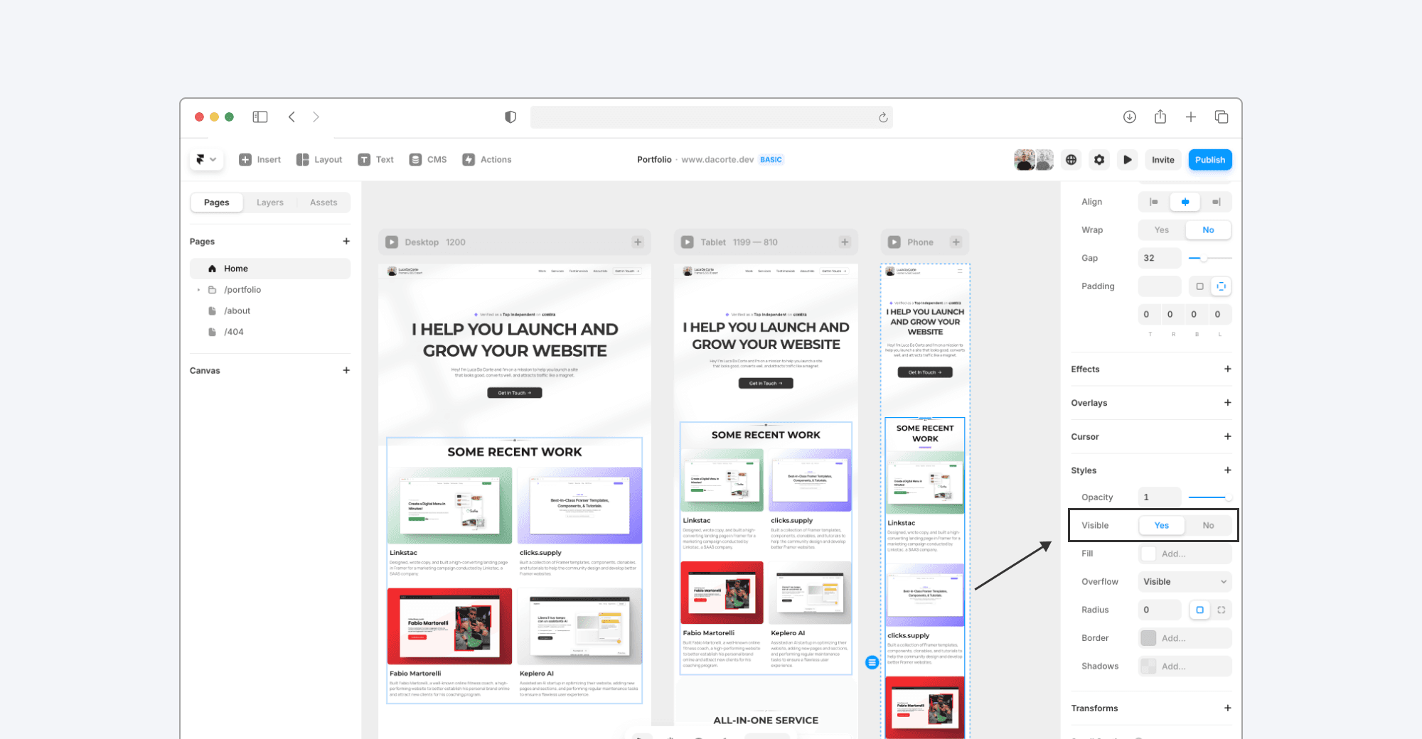 How breakpoints work in Framer (using dacorte.dev as an example)