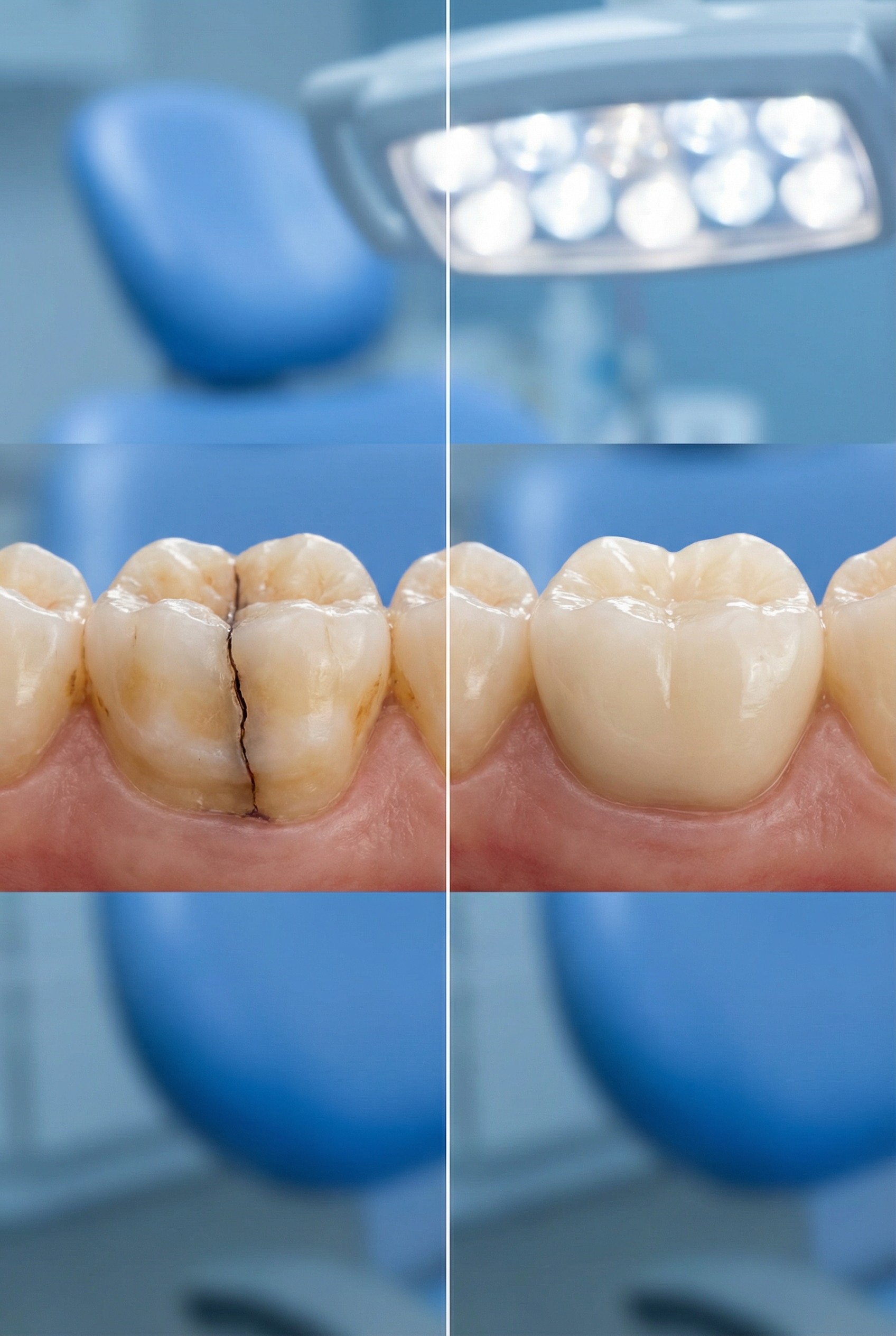Before and after same-day CEREC crown restoration showing cracked tooth restored to natural appearance