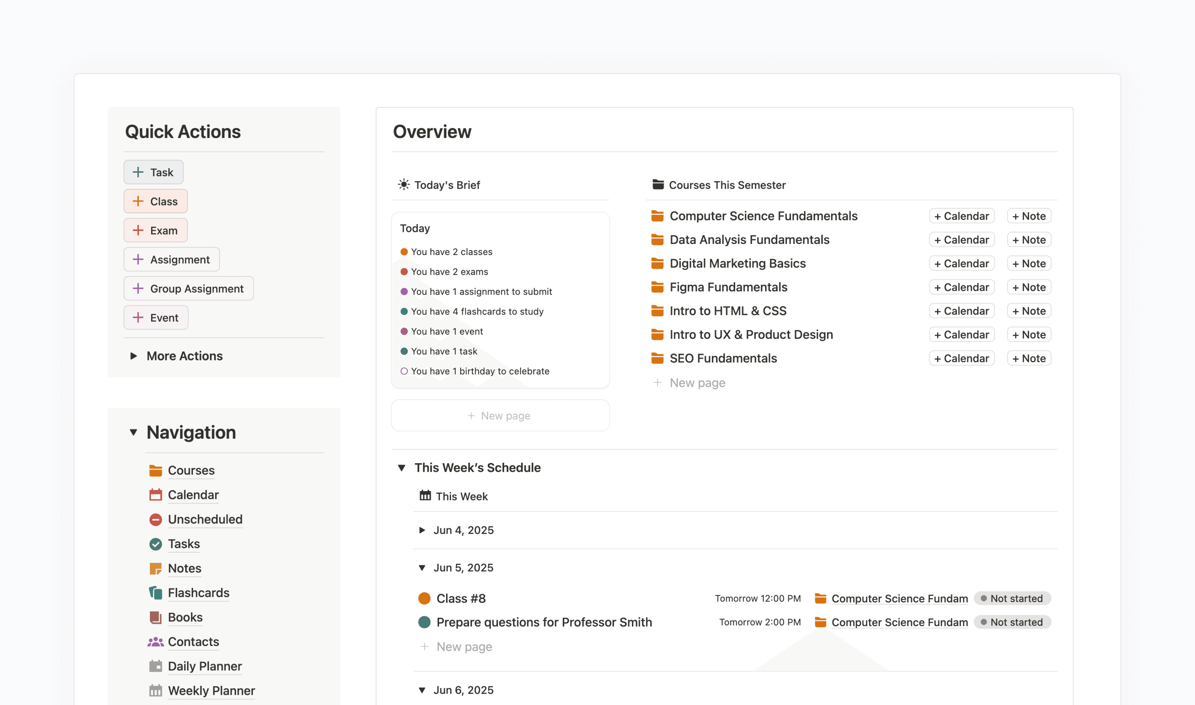 The home page of the Student Smart Dashboard template showing buttons, navigation, courses and today's brief