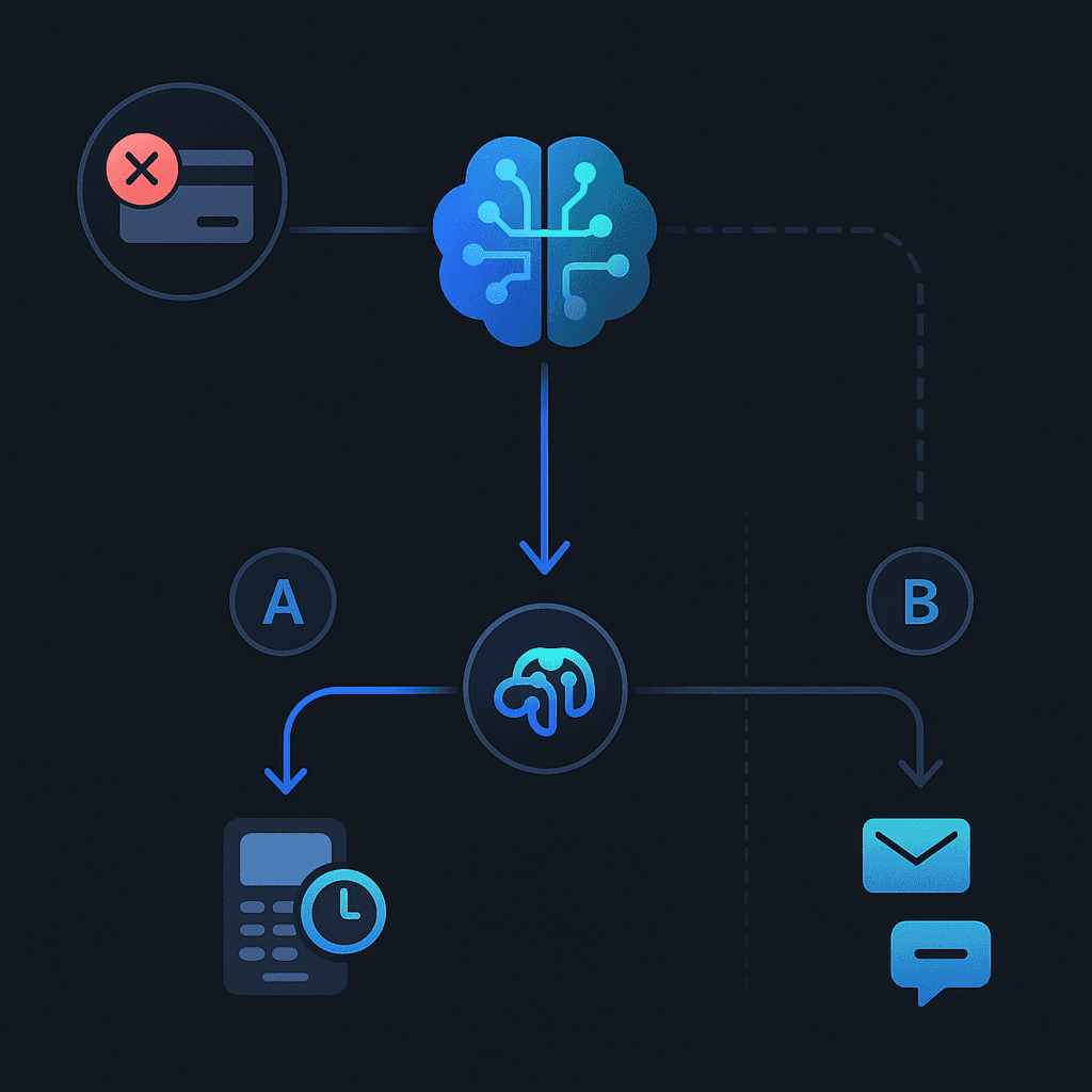 Flow diagram of AI engine separating failed payment retries from customer messages via email and SMS