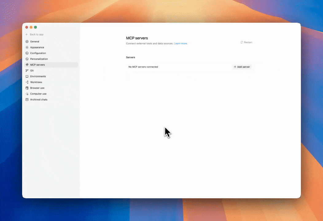 Codex Desktop setup flow for adding and authenticating the Xmind MCP Server.