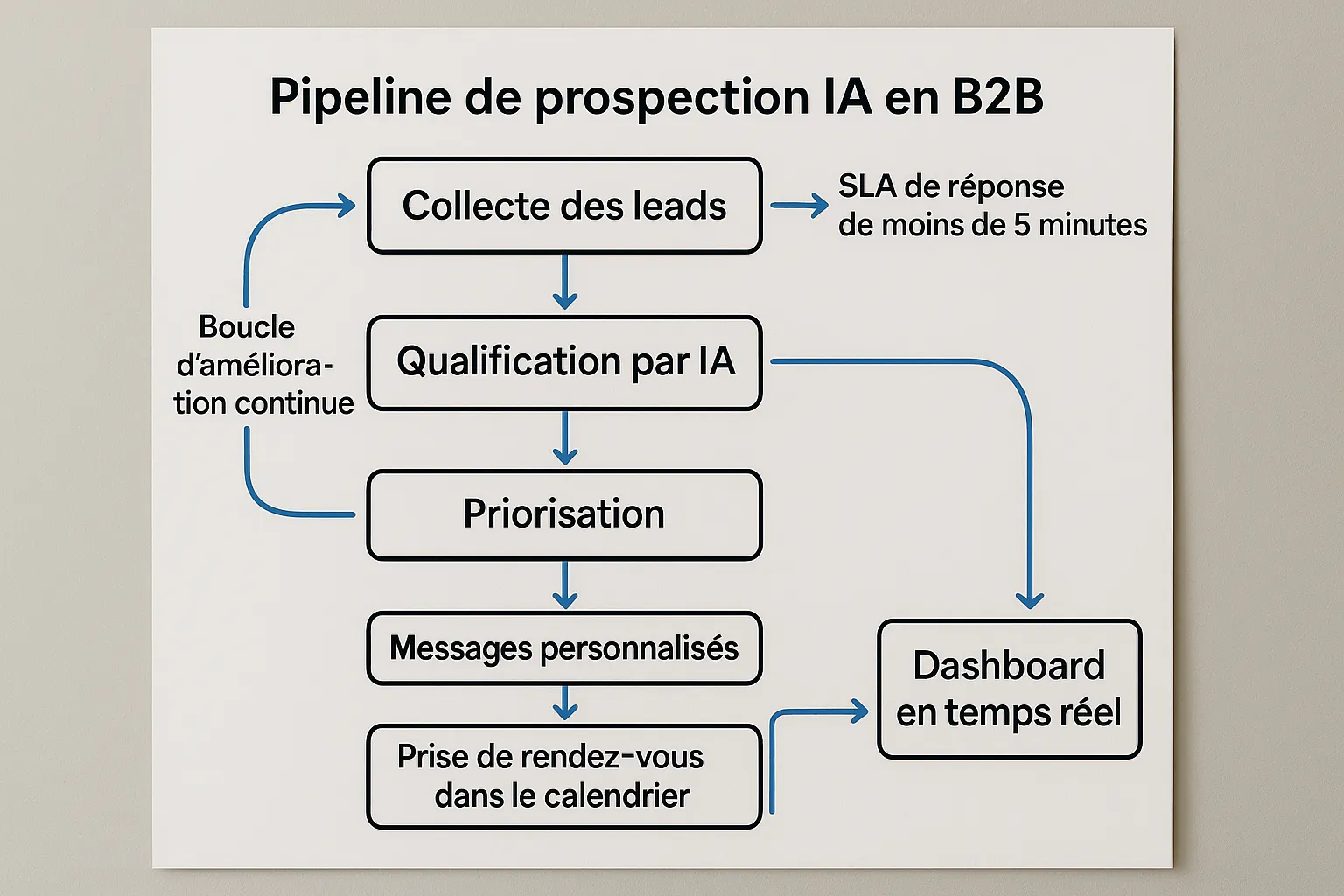 Schéma clair d’un pipeline de prospection IA en B2B, montrant les étapes Collecte des leads, Qualification par IA, Priorisation, Messages personnalisés, Prise de rendez-vous dans le calendrier, et Dashboard en temps réel. Des flèches indiquent des boucles d’amélioration continue et un SLA de réponse de moins de 5 minutes pour les leads entrants.