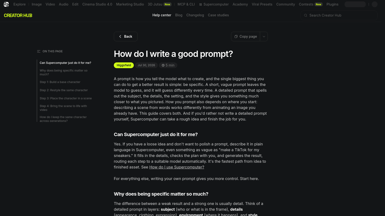 Higgsfield Creator Hub help center article on how to write a good prompt for AI video generation.