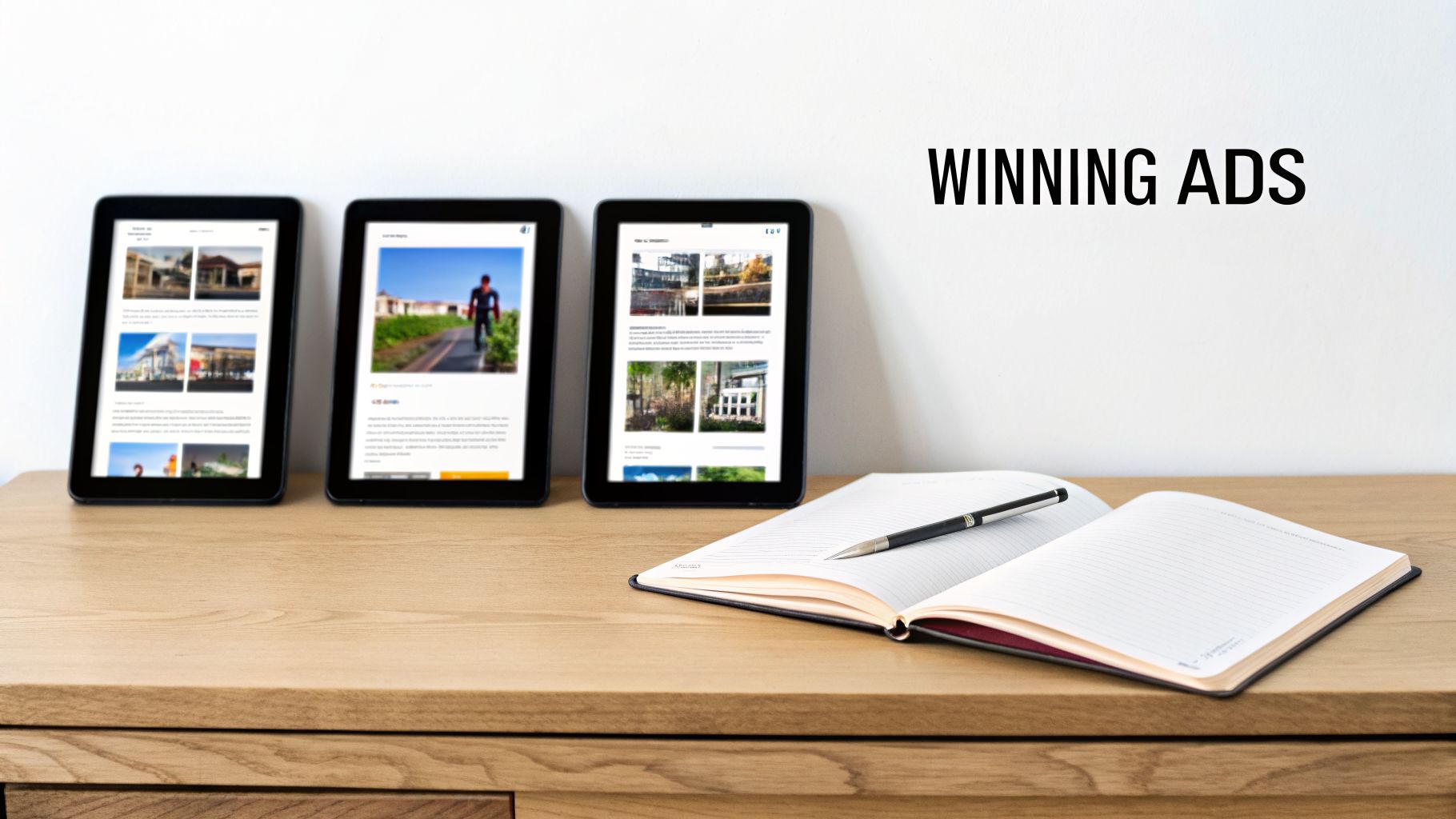 Three tablets on a wooden desk displaying digital ads, next to an open notebook and pen, with 'WINNING ADS' text on the wall.