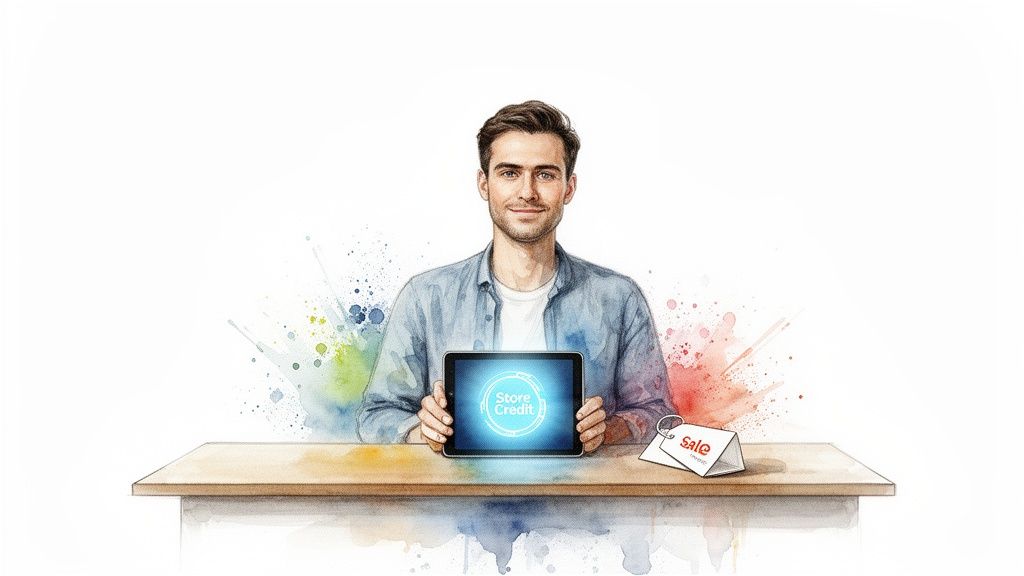A man in watercolor style holds a tablet showing 'Store Credit' with a 'Sale' tag on a table.