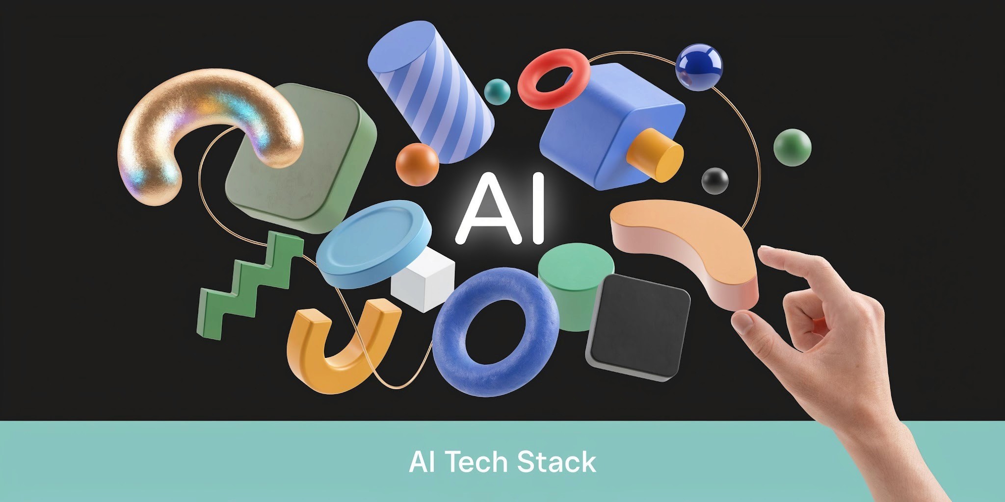 A hand interacting with colorful 3D floating geometric shapes and the word AI on a dark background
