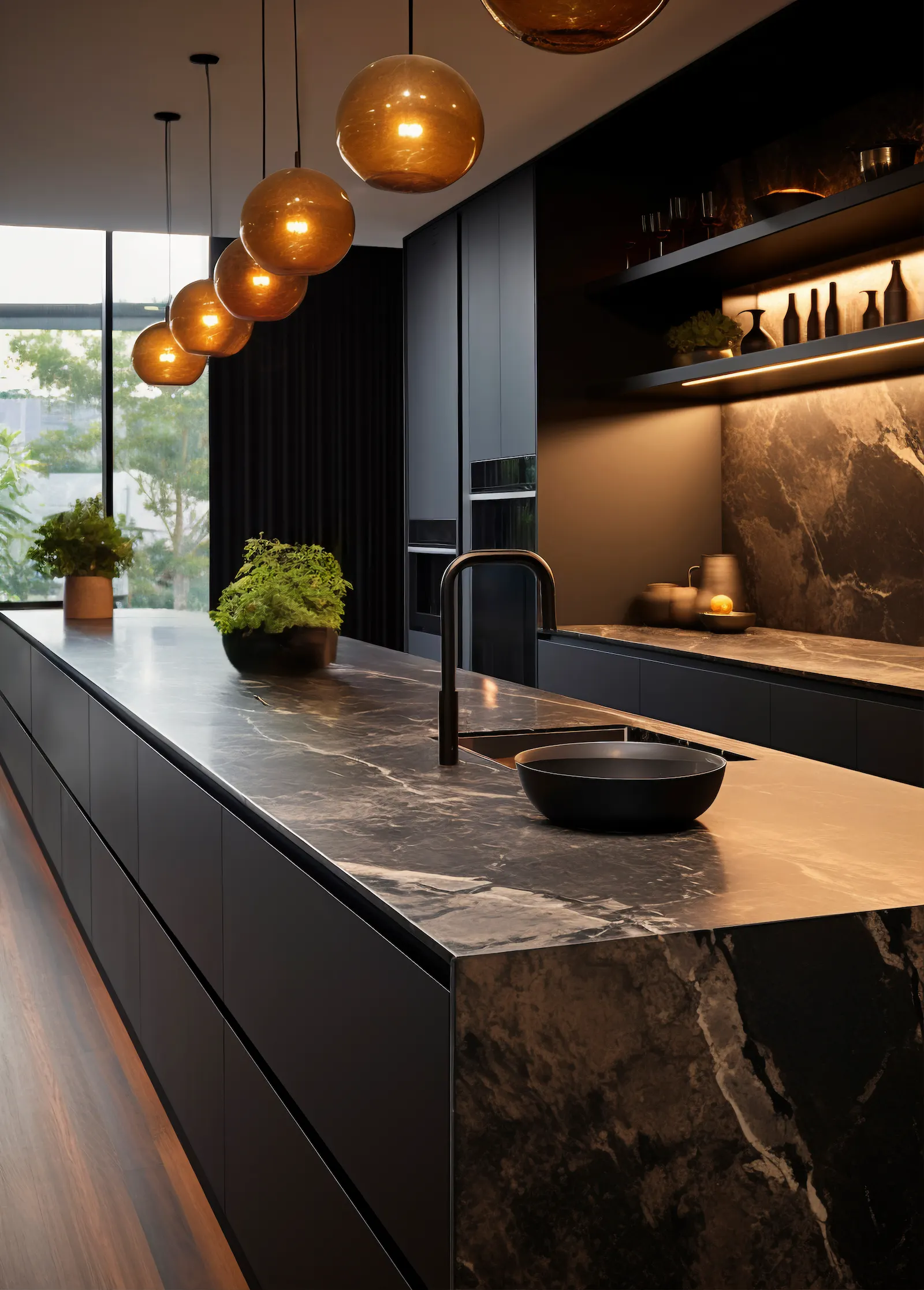 Custom kitchen built by Fine Line Home Design in Placer County Featuring a granit, marble polished counter with custom cabinets and luxury sconces.