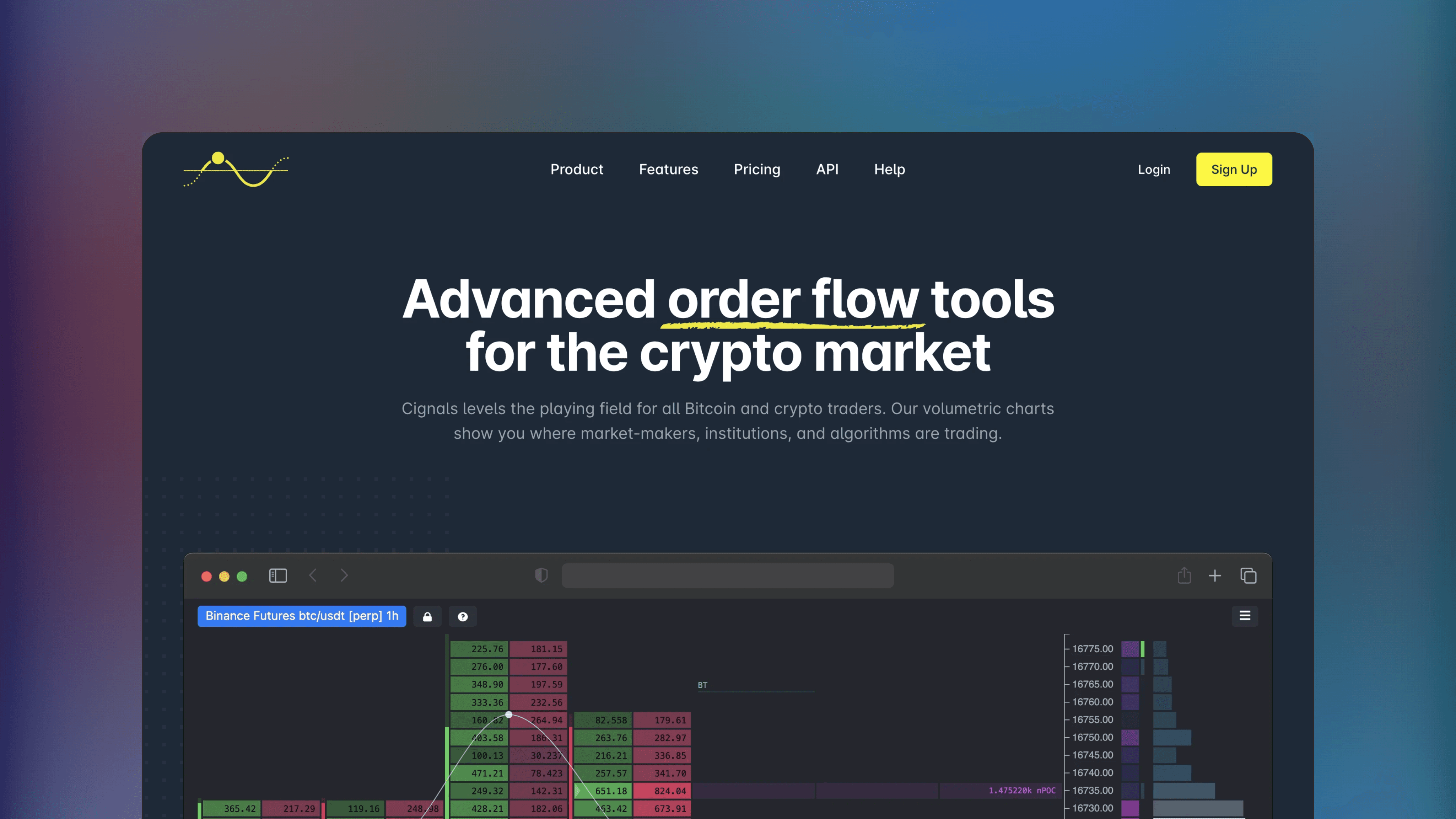 Website preview of Cignals, technical analysis orderflow platform featuring a dashboard for monitoring decentralized exchange activity and token transactions.
