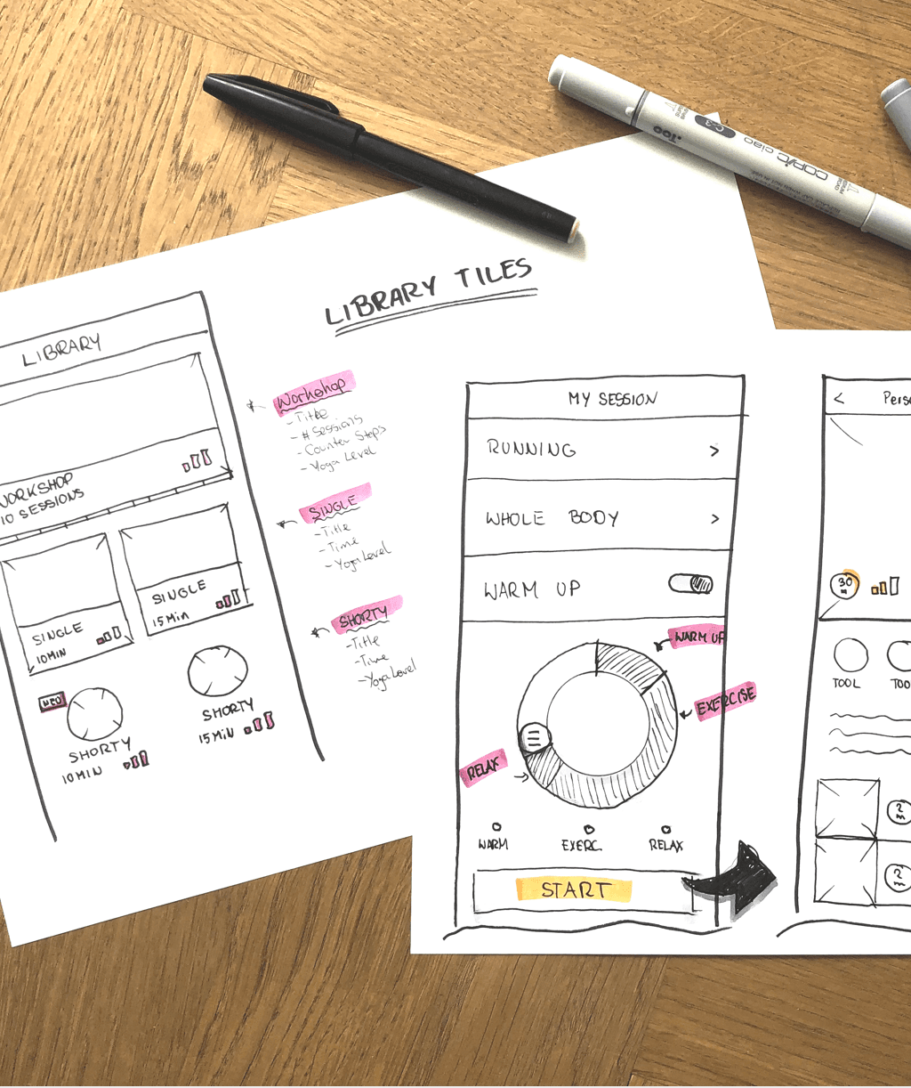 Wireframes auf Papier für Sessions