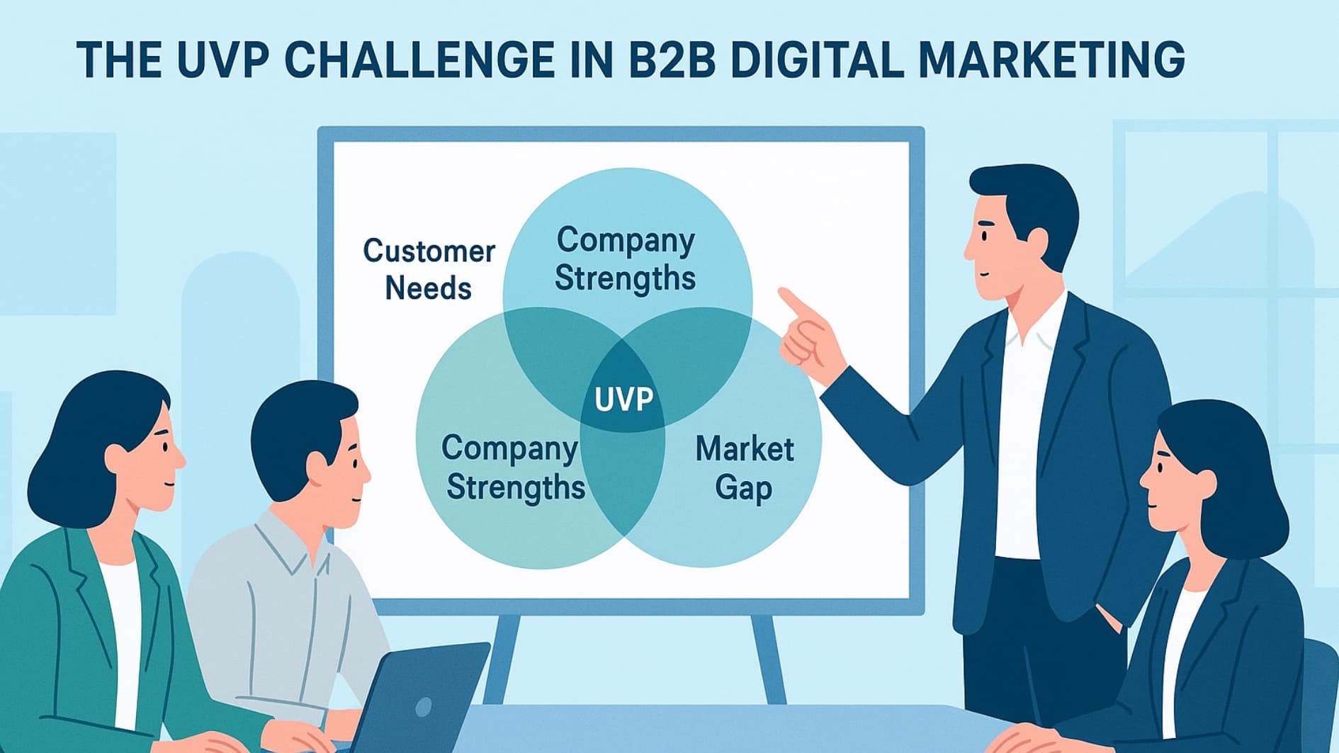 Team analyzing Digital Marketing B2B UVP Examples using a Venn diagram to find market fit.