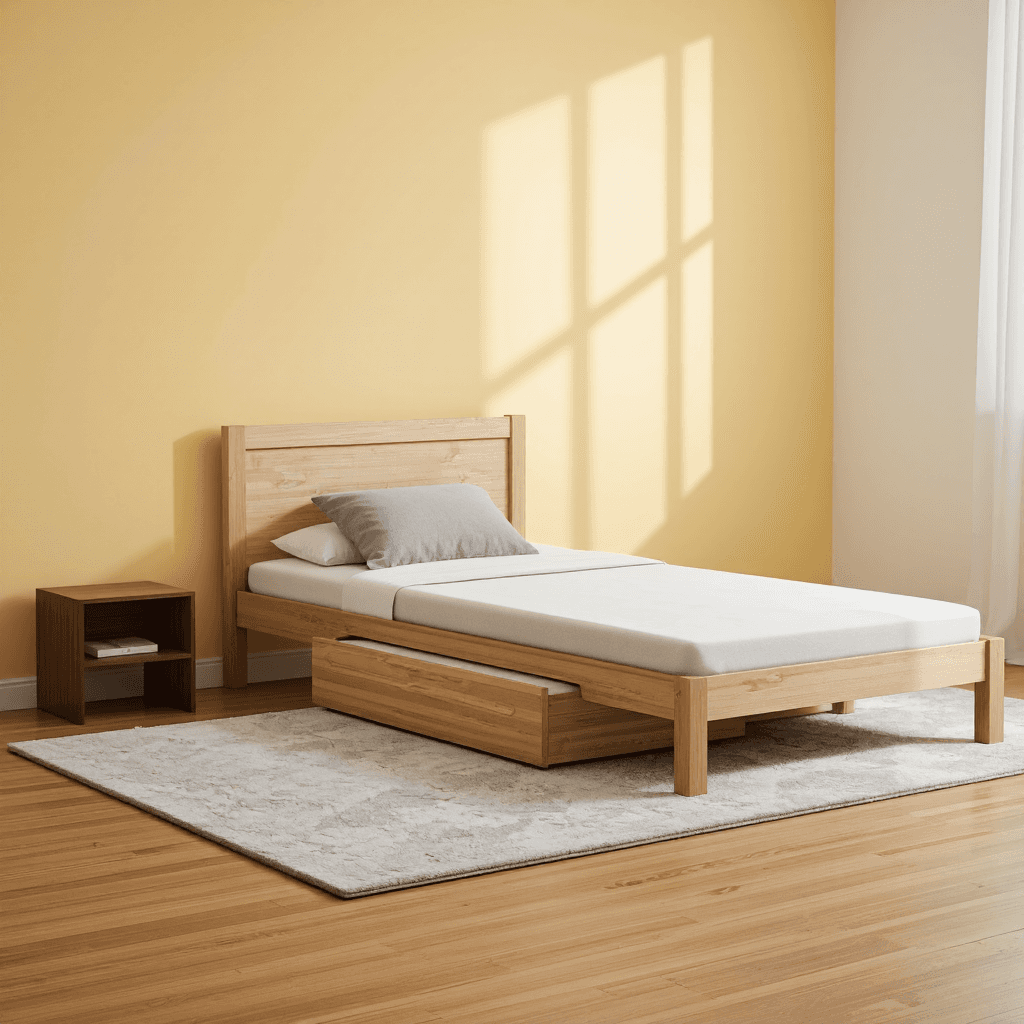 product photography of a single bed with a pull-out trundle