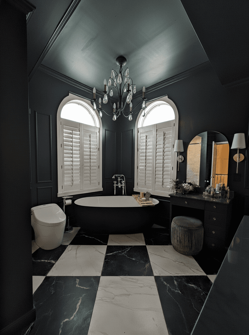 Salle de bains classique moody avec sol en damier noir et blanc veiné. Baignoire noire avec robinetterie autoportante chrome surmontée d'un magnifique lustre et d'une murale au plafond verte effet peinture à la chaux.au plafond devant deux fenêtre en arche avec persiennes. Toilette blanche sans dossier. Coin maquilleuse avec meuble laqué brun avec un comptoir en dekton vert veiné. On aperçoit un banc vert en velour devant la maquilleuse et un miroir en arche encadré d'appliques murale chrome avec abat-jour blanc. 