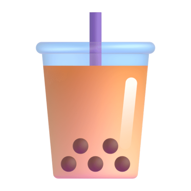 A cup of bubble tea with a purple straw, filled with a creamy brown drink and chewy tapioca pearls at the bottom.