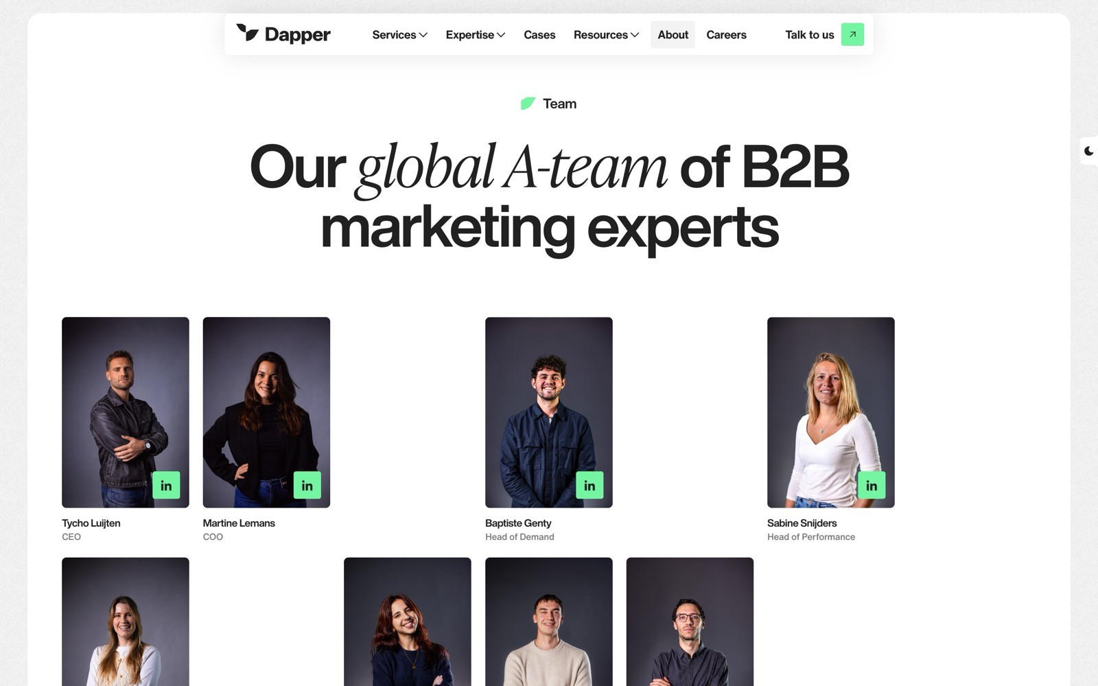 Group portrait of five individuals with names and titles like CEO and Head of Design. Text reads "Our global A-team of B2B marketing experts.
