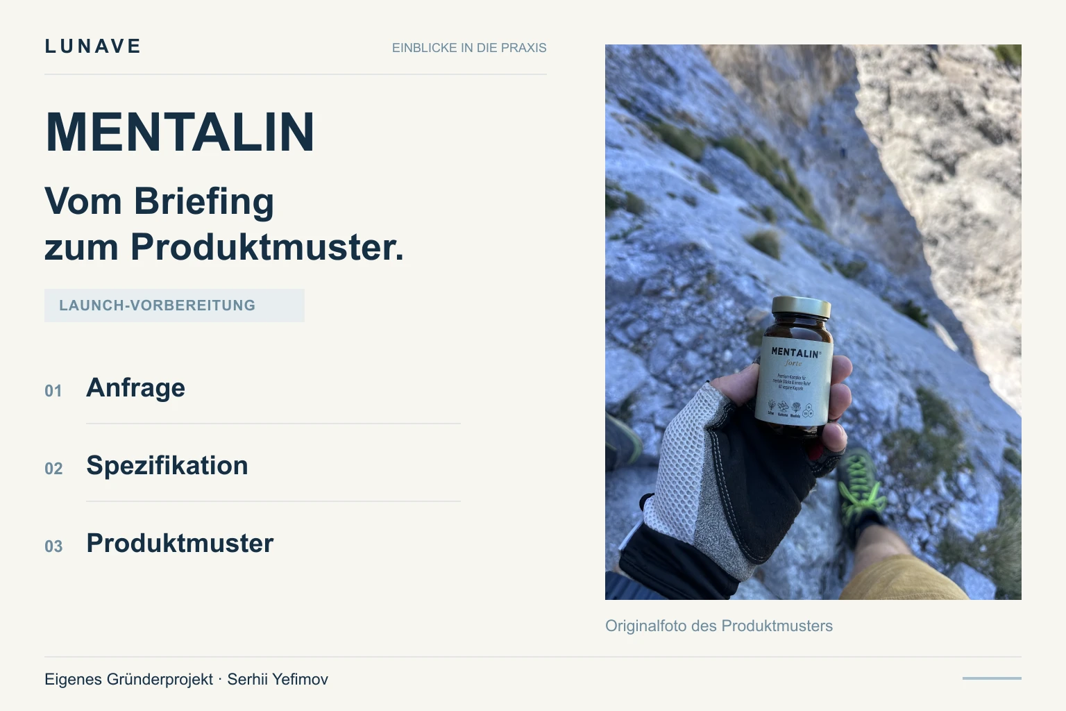 Mentalin in der Launch-Vorbereitung: drei Arbeitsschritte neben einem Originalfoto des Produktmusters vor einer Berglandschaft.