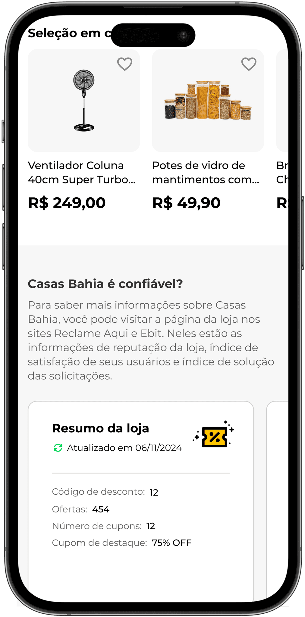 Terceiro e último scroll da página de lojista. Trilho de produtos para casa e seção sobre confiabilidade da loja Casas Bahia, indica a quantidade de cupons ativos, a quantidade de ofertas disponiveis da loja, qual cupon está em destaque além de um texto sobre confiabilidade
