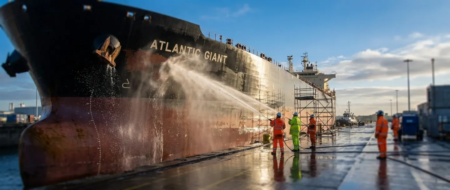 AI photography workers pressure washing large oil tanker hull, industrial scale ship maintenance, dramatic light, high-end maritime imagery