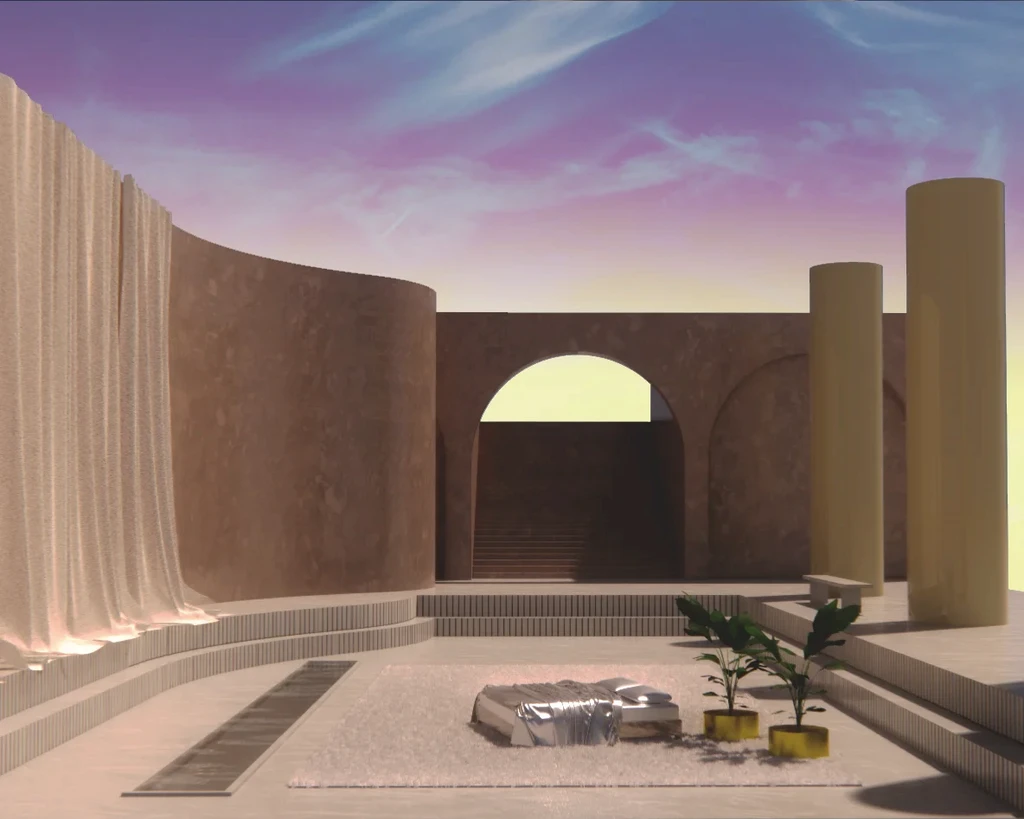 A courtyard with a spacious table and chairs, providing a serene outdoor setting for relaxation and gatherings.