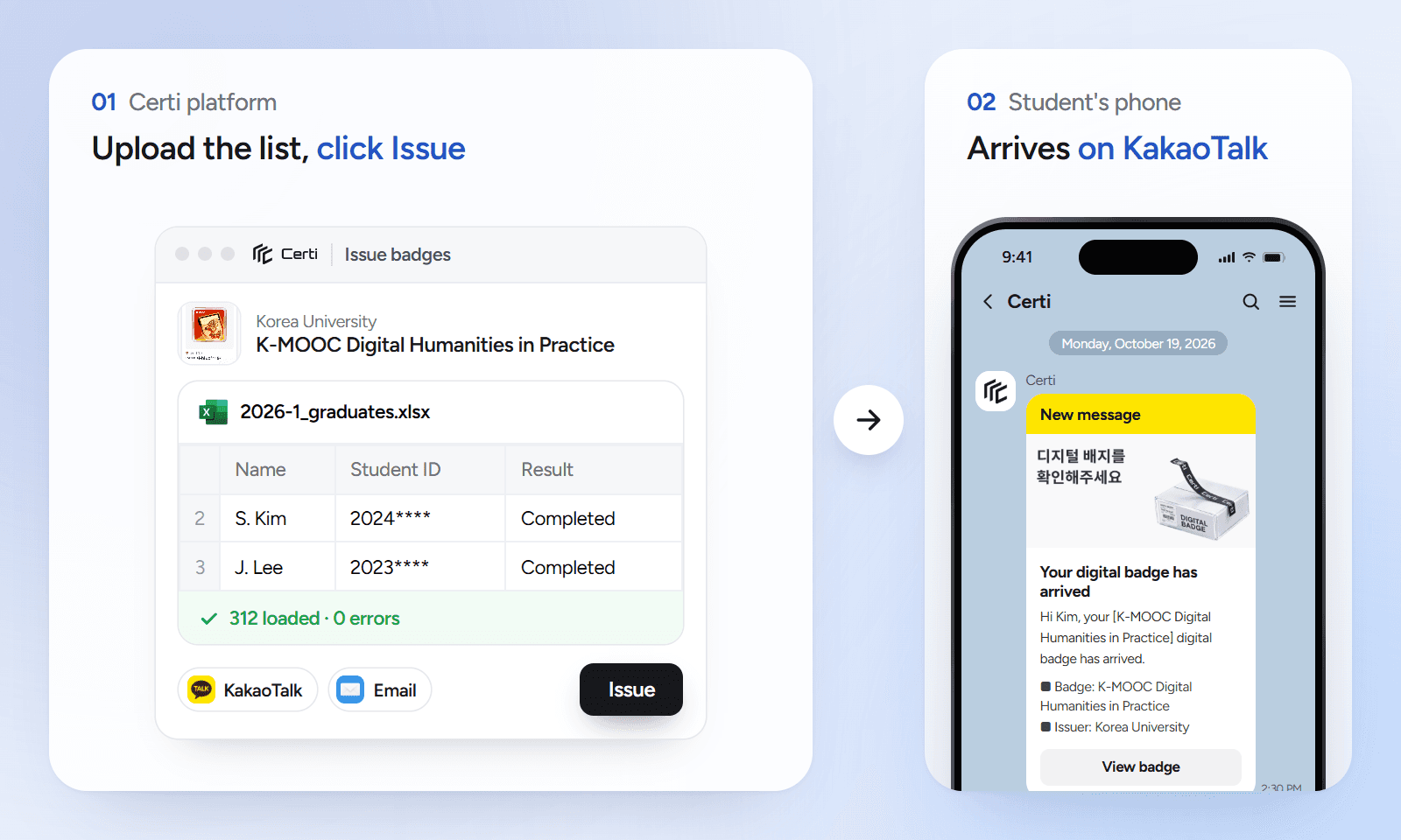 Uploading a list of graduates as an Excel file on the Certi platform and clicking Issue, then a digital badge message arriving on a student's phone in KakaoTalk (example: Korea University K-MOOC badge)