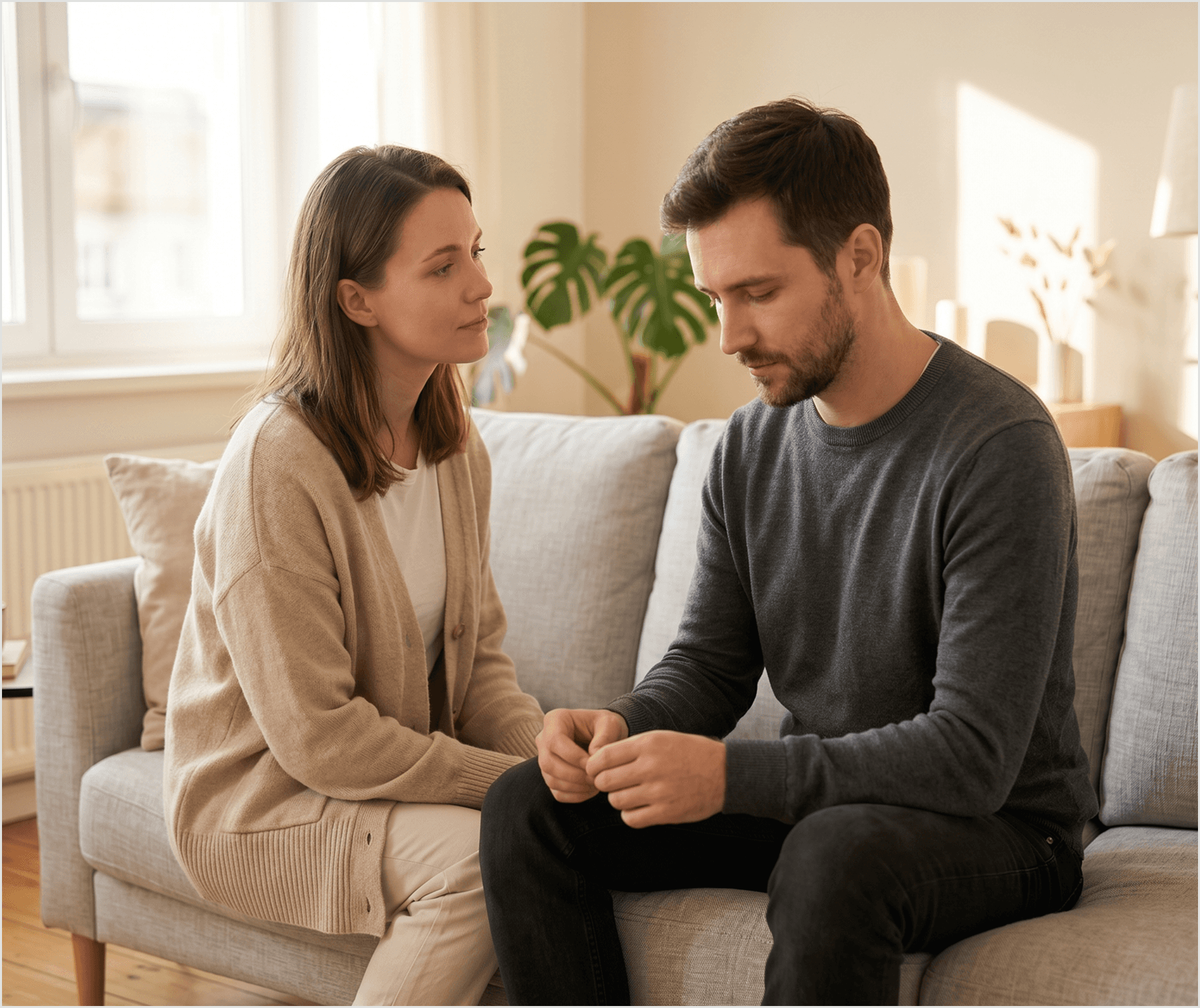 A concerned woman supporting a man who is looking down thoughtfully while sitting on a sofa.
