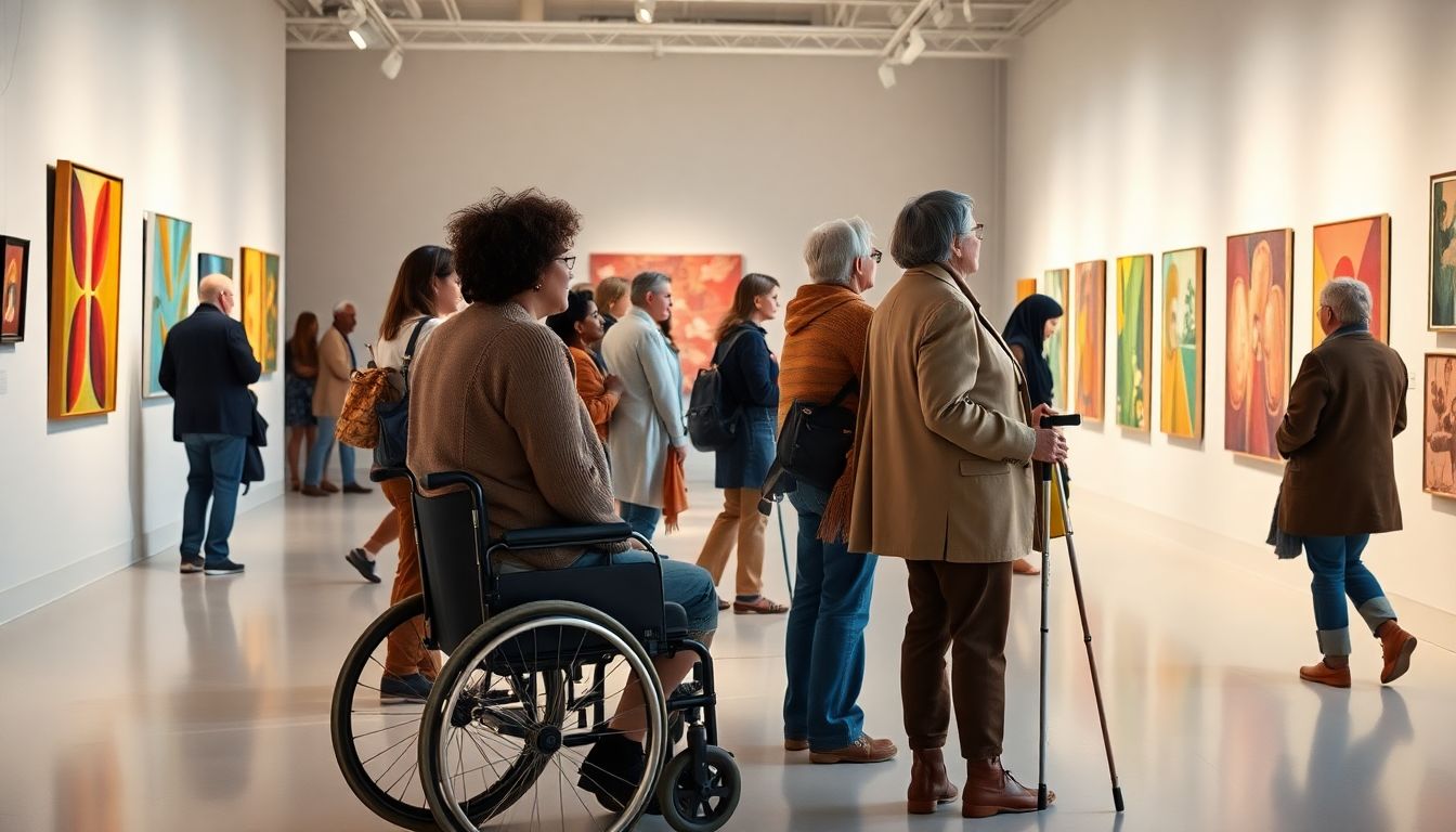 Mehrere Menschen betrachten bunte Kunstwerke in heller Galerie; eine Person im Rollstuhl und eine mit weißem Stock stehen mit Begleitung ruhig beisammen.