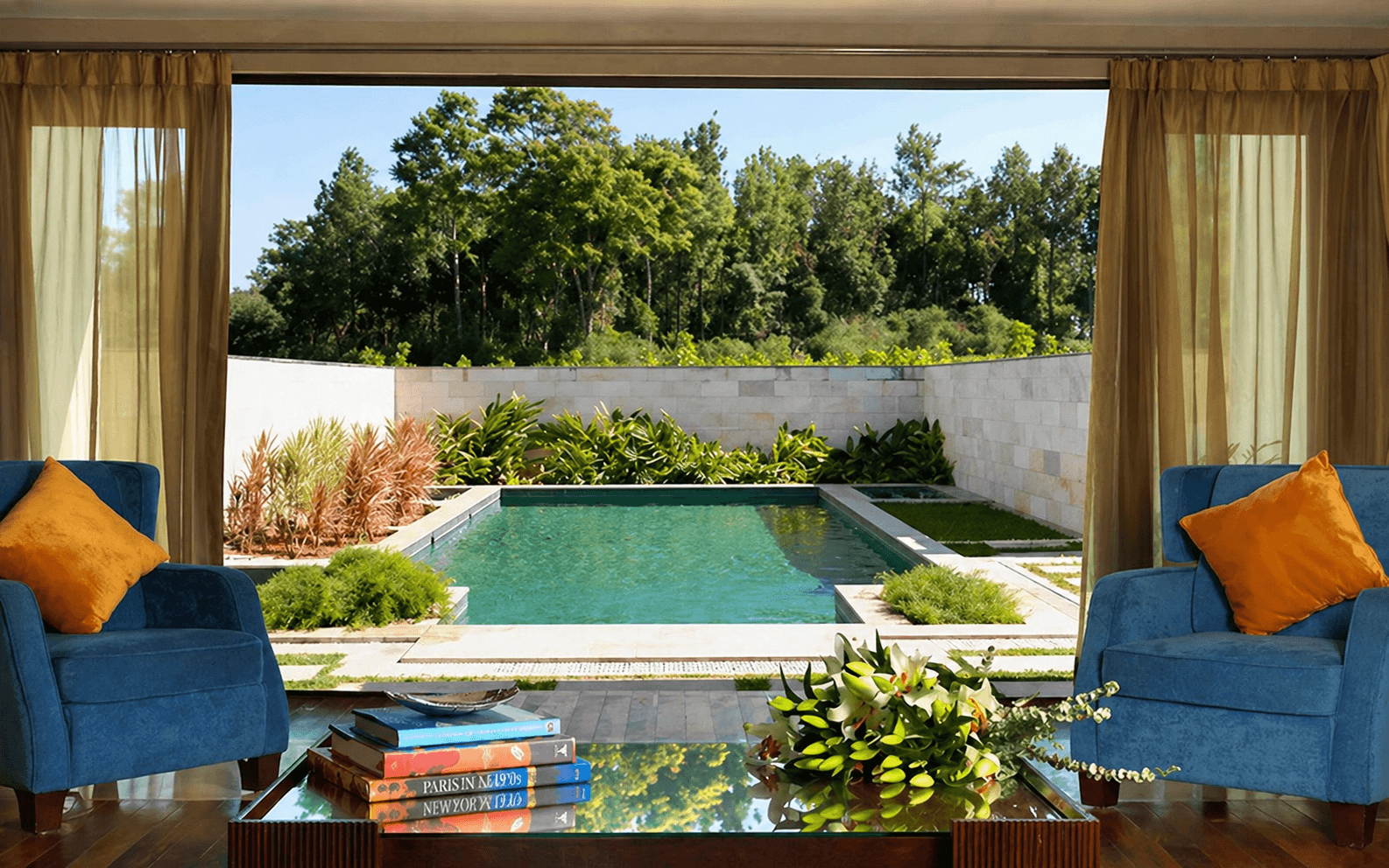 Beige reading nook with abstract art and plant.