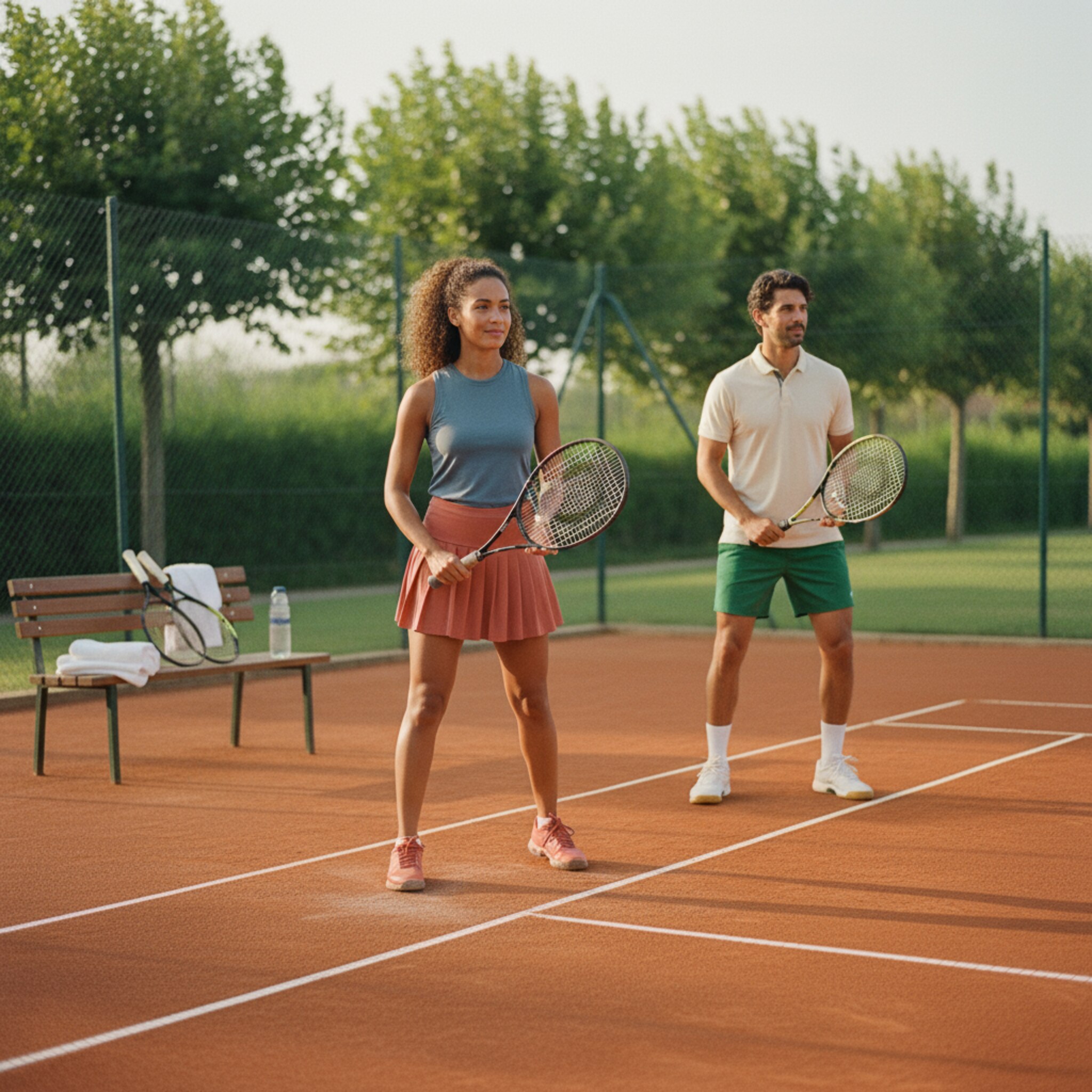 Ein Tennisduo steht spielbereit an der Grundlinie, frisch gestreute Linien leuchten im warmen Licht. Neben der Bank liegen sauber sortierte Schläger und Handtücher. Im Hintergrund verläuft eine ruhige Baumreihe. Die Szene strahlt Ordnung, Energie und Spielfreude aus.