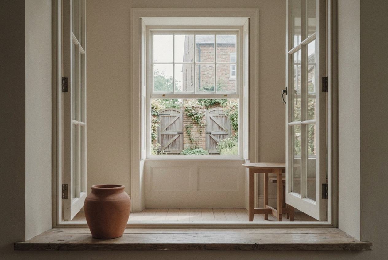 A view through open double doors and a sash window to two wooden garden gates in a brick wall, with a terracotta pot on the step.