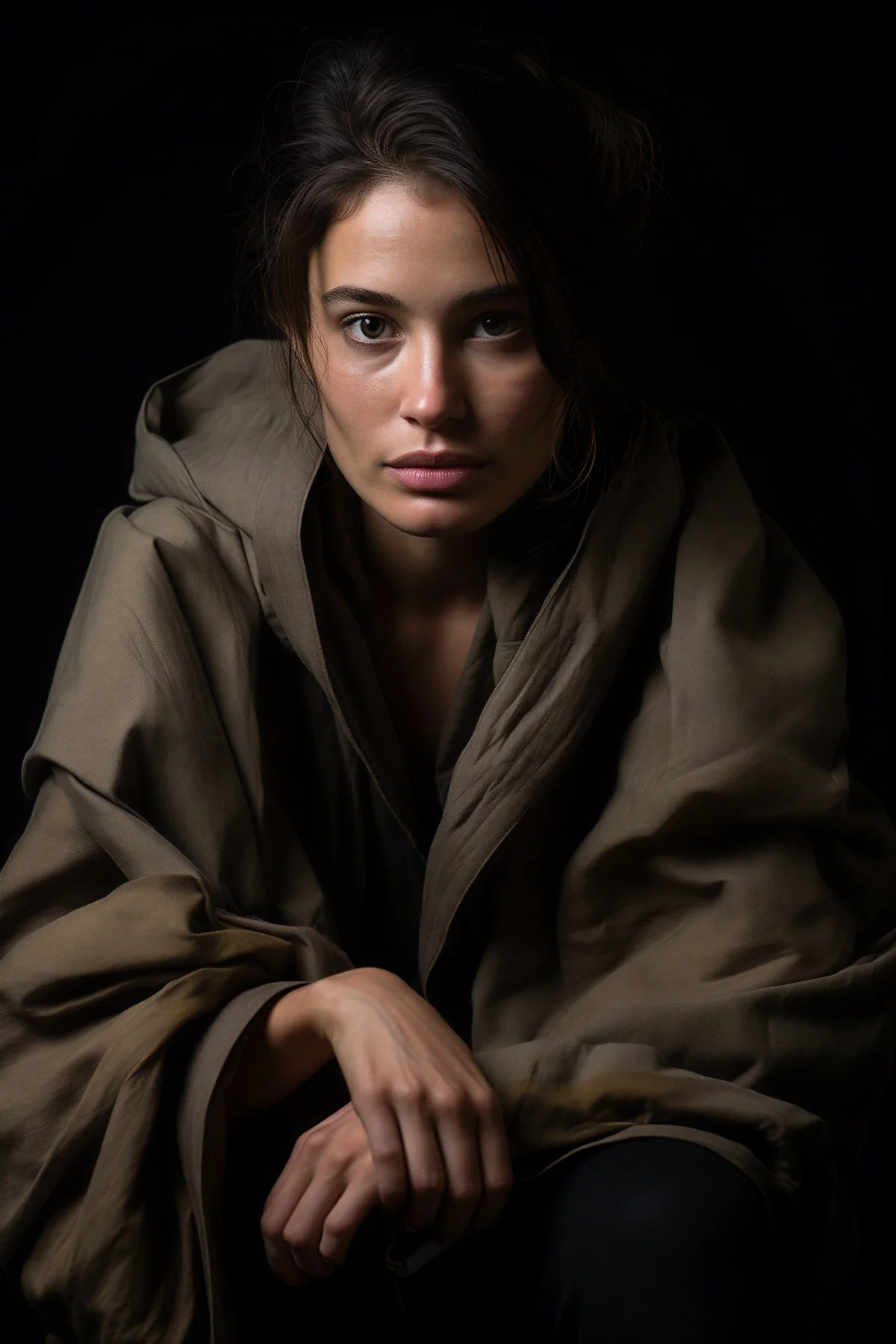 A woman wrapped in a soft brown coat, sitting quietly