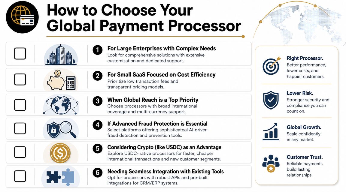 A checklist infographic titled How to Choose Your Global Payment Processor for businesses and SaaS companies.