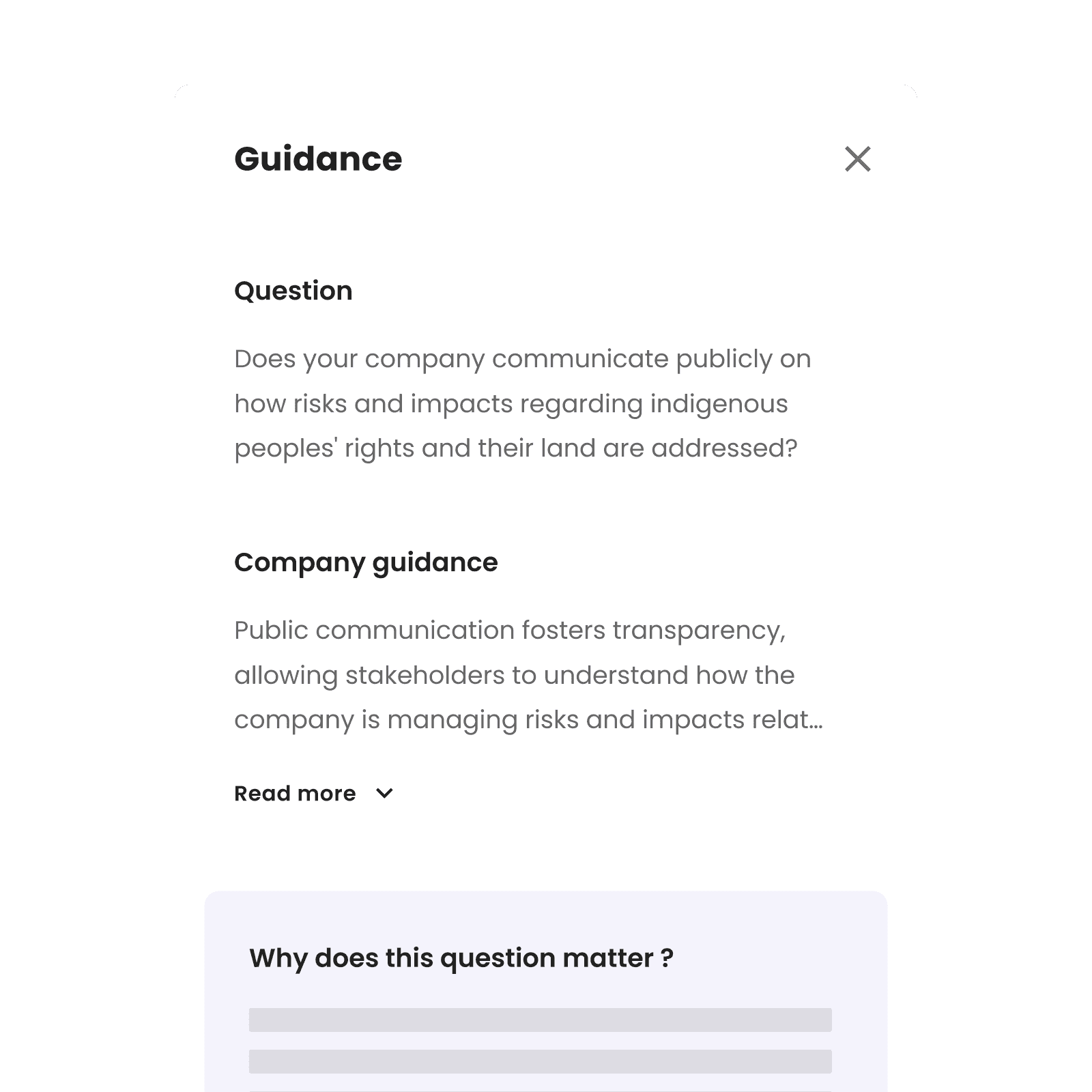Interface of Worldfavor embbeded guidance : understand requirements , grow ESG knowledge as you go