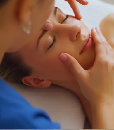 Specjalistka wykonuje masaż Korugi – koreańską technikę liftingu twarzy w Belleza Beauty Rzeszów