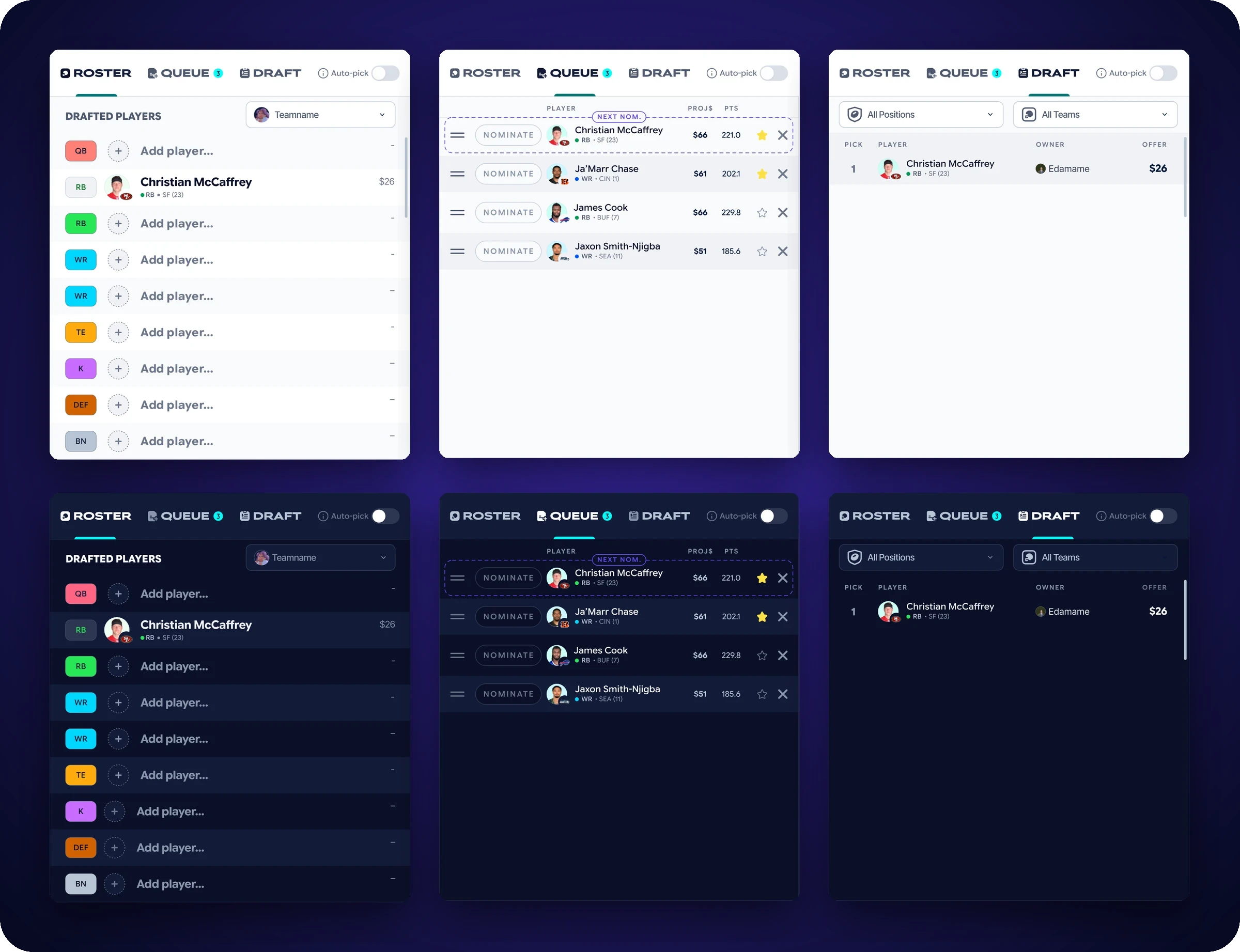 The Roster, Queue and Draft panels in light (top) and dark (bottom): Roster with Christian McCaffrey in an RB slot at $26, Queue with the Next Nom. tag on the first row, and Draft listing pick 1 with its owner and offer