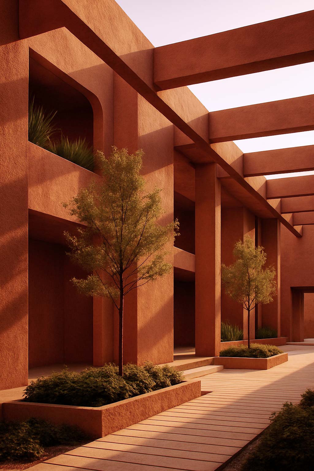 Golden hour architectural courtyard with terracotta walls, overhead beams, and planted walkways lined with trees.