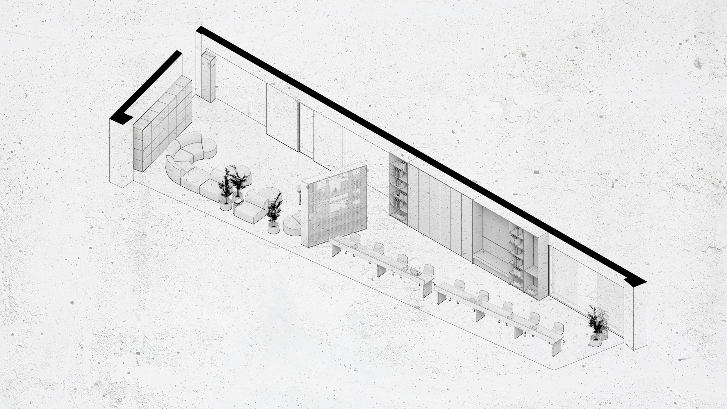 Ansicht und Planungsskizze eines Office Interiors mit Fokus auf Raumabfolge und Nutzungskonzept