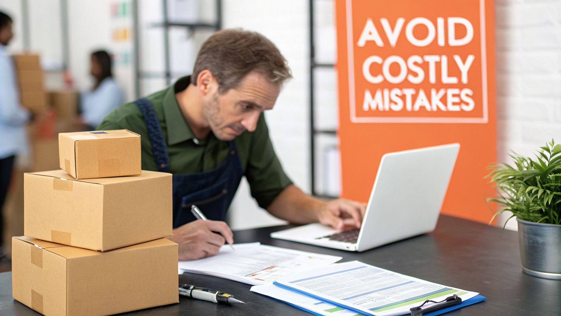 Man manages inventory and paperwork on a laptop, with shipping boxes and an 'Avoid Costly Mistakes' sign.