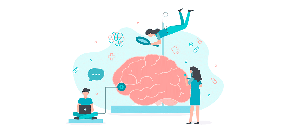 Illustration of doctors examining a brain to represent the connection between hearing loss and mental health