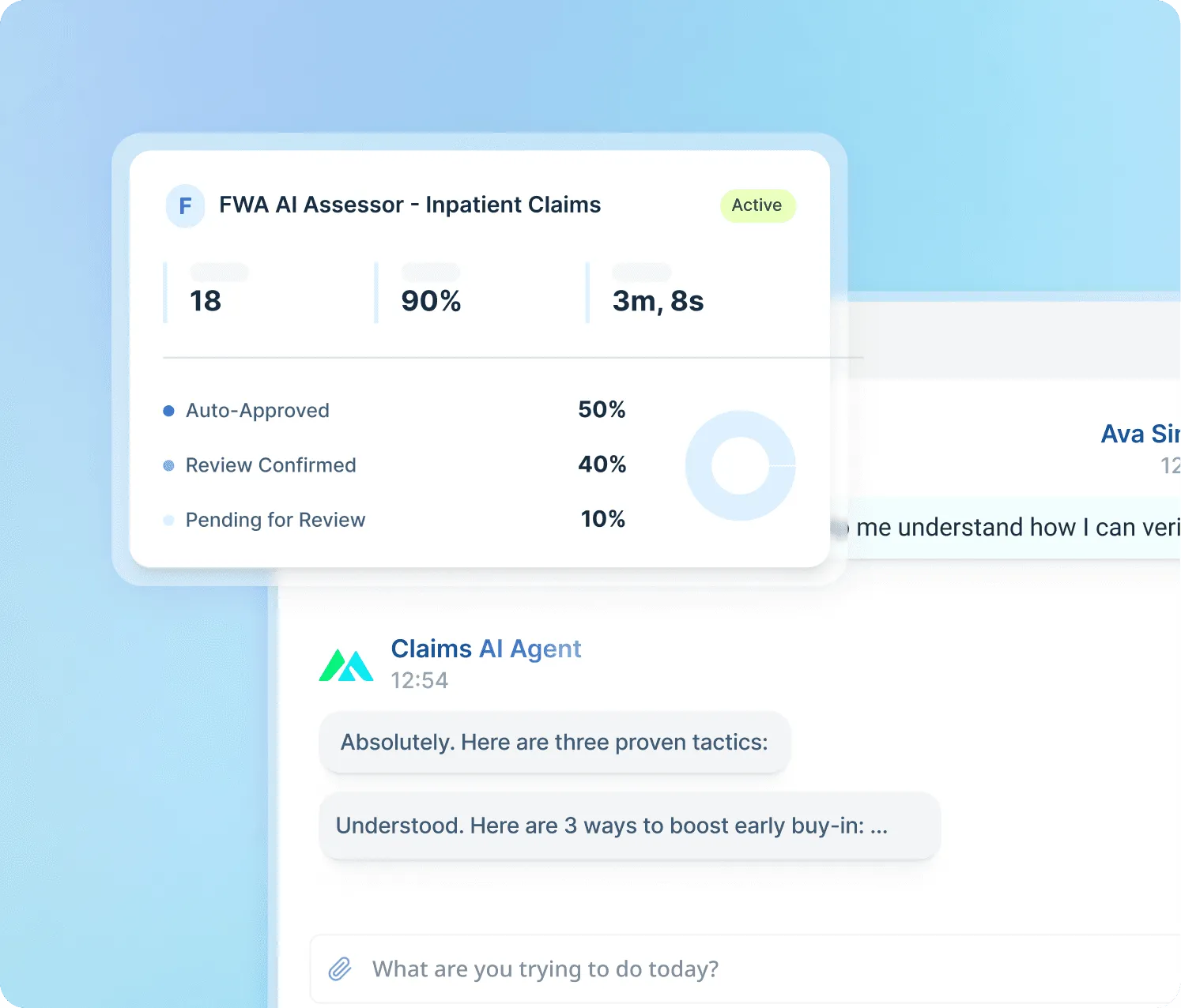 A user interface displaying progress details with metrics and a graph on a light blue background.